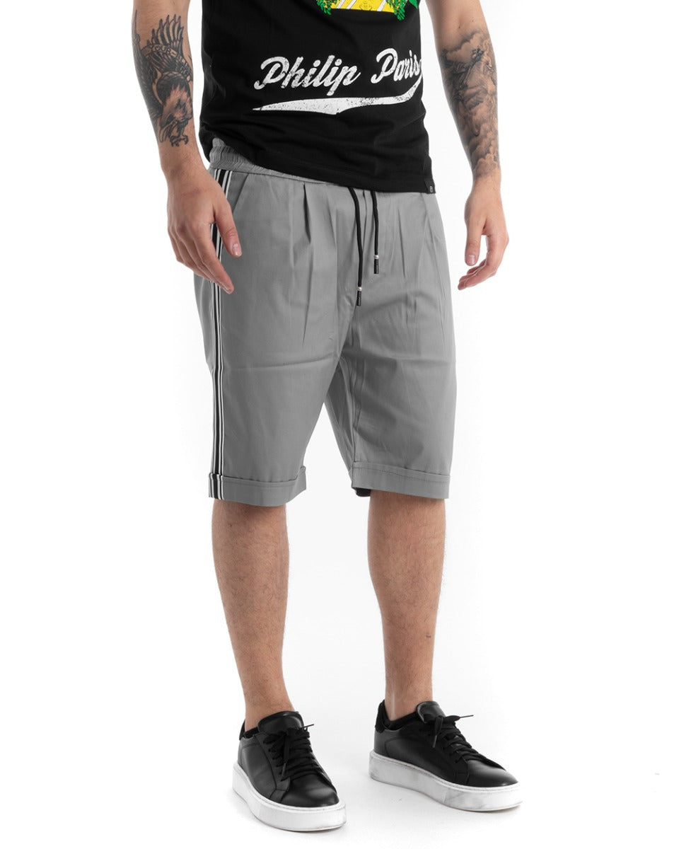 Bermuda Pantaloncino Uomo Tinta Unita Riga Lato Elastico Grigio Casual GIOSAL-PC1881A
