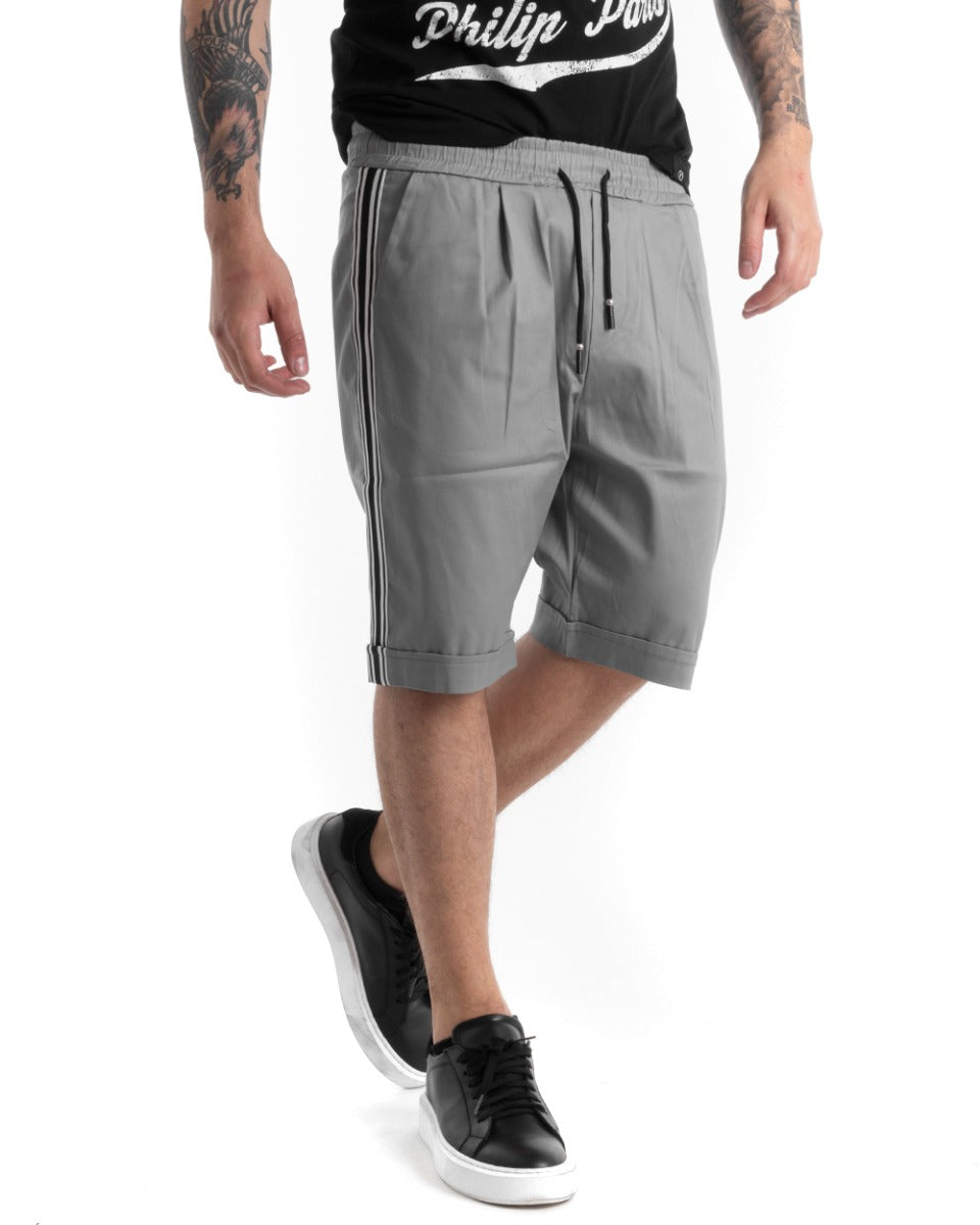 Bermuda Pantaloncino Uomo Tinta Unita Riga Lato Elastico Grigio Casual GIOSAL-PC1881A