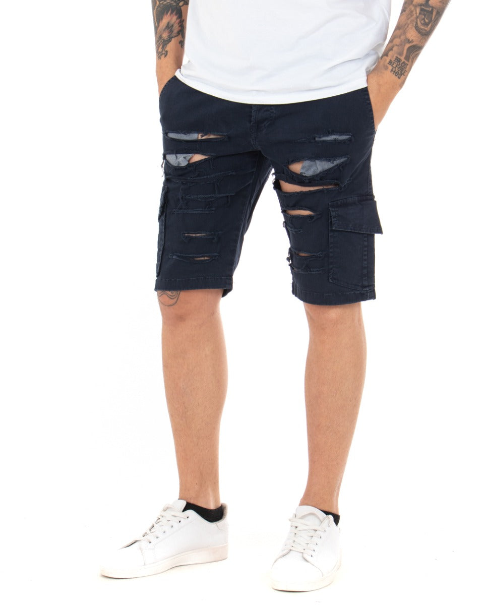 Bermuda Pantaloncino Uomo Corto Blu Rotture Cargo Cotone GIOSAL-PC1890A