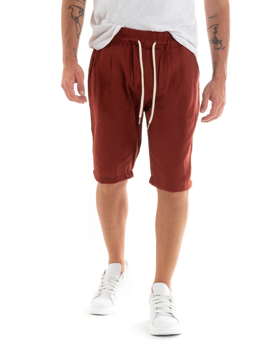 Bermuda Pantaloncini Uomo Corti Lino Pantalaccio Tinta Unita Basic Mattone GIOSAL-PC1920A