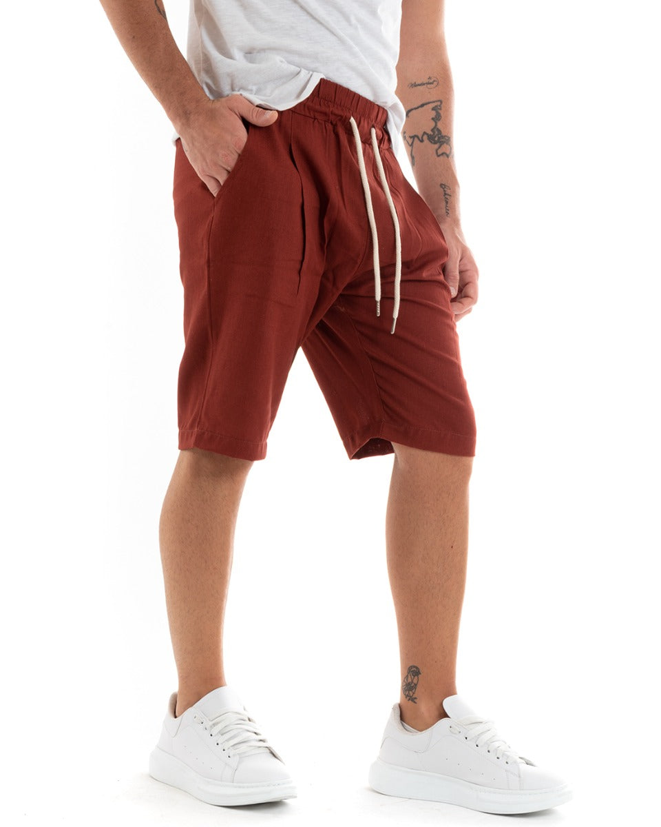 Bermuda Pantaloncini Uomo Corti Lino Pantalaccio Tinta Unita Basic Mattone GIOSAL-PC1920A