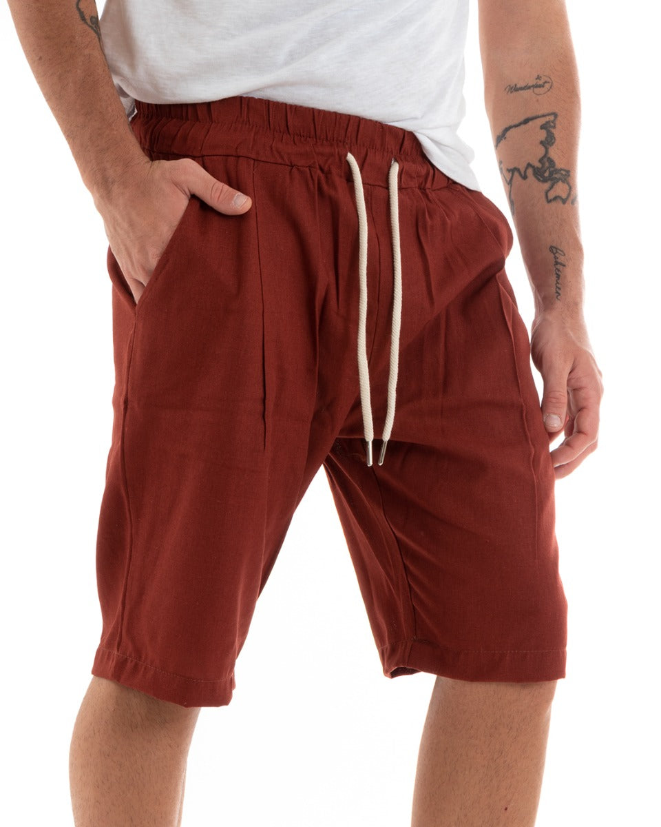 Bermuda Pantaloncini Uomo Corti Lino Pantalaccio Tinta Unita Basic Mattone GIOSAL-PC1920A