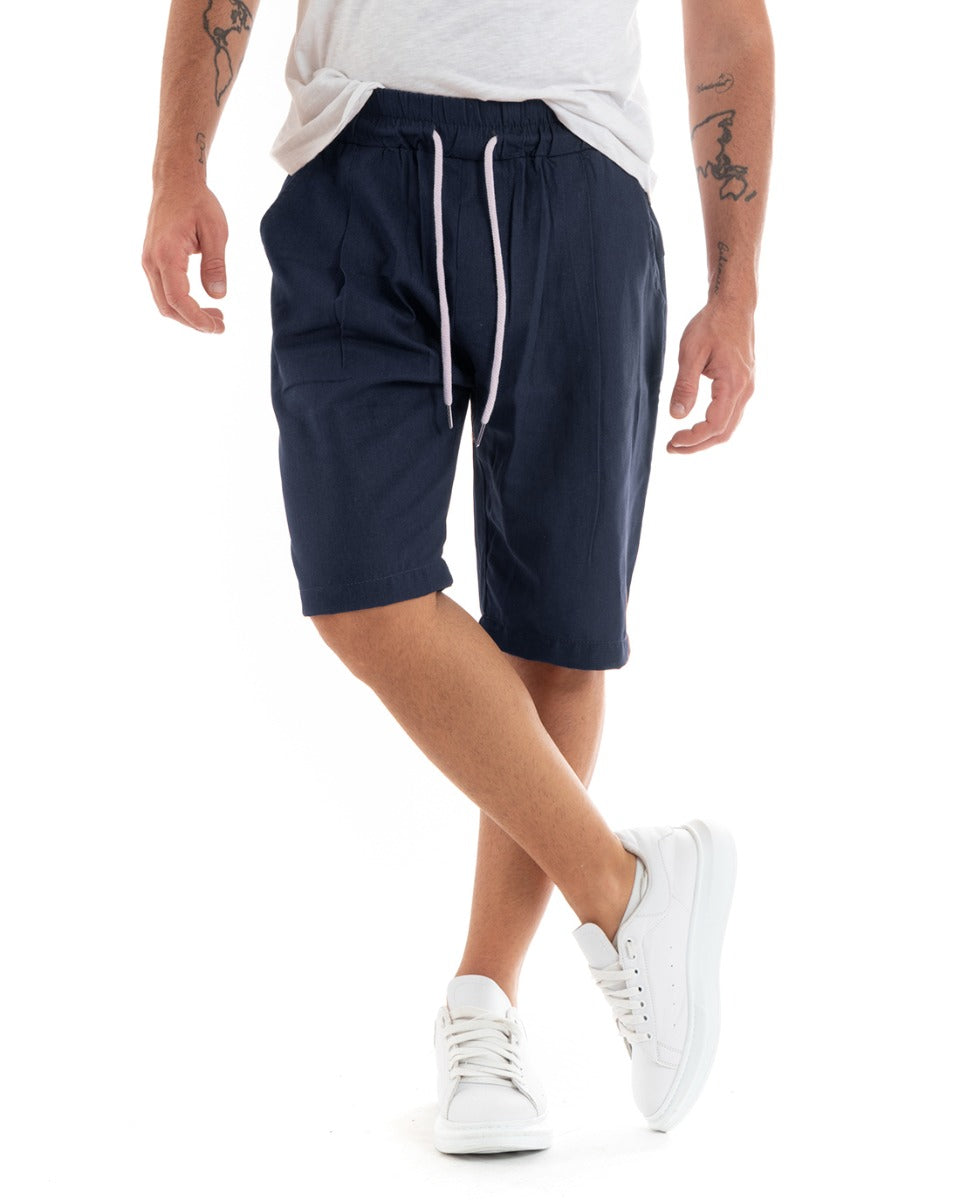 Bermuda Pantaloncini Uomo Corti Lino Pantalaccio Basic Tinta Unita Blu GIOSAL-PC1921A