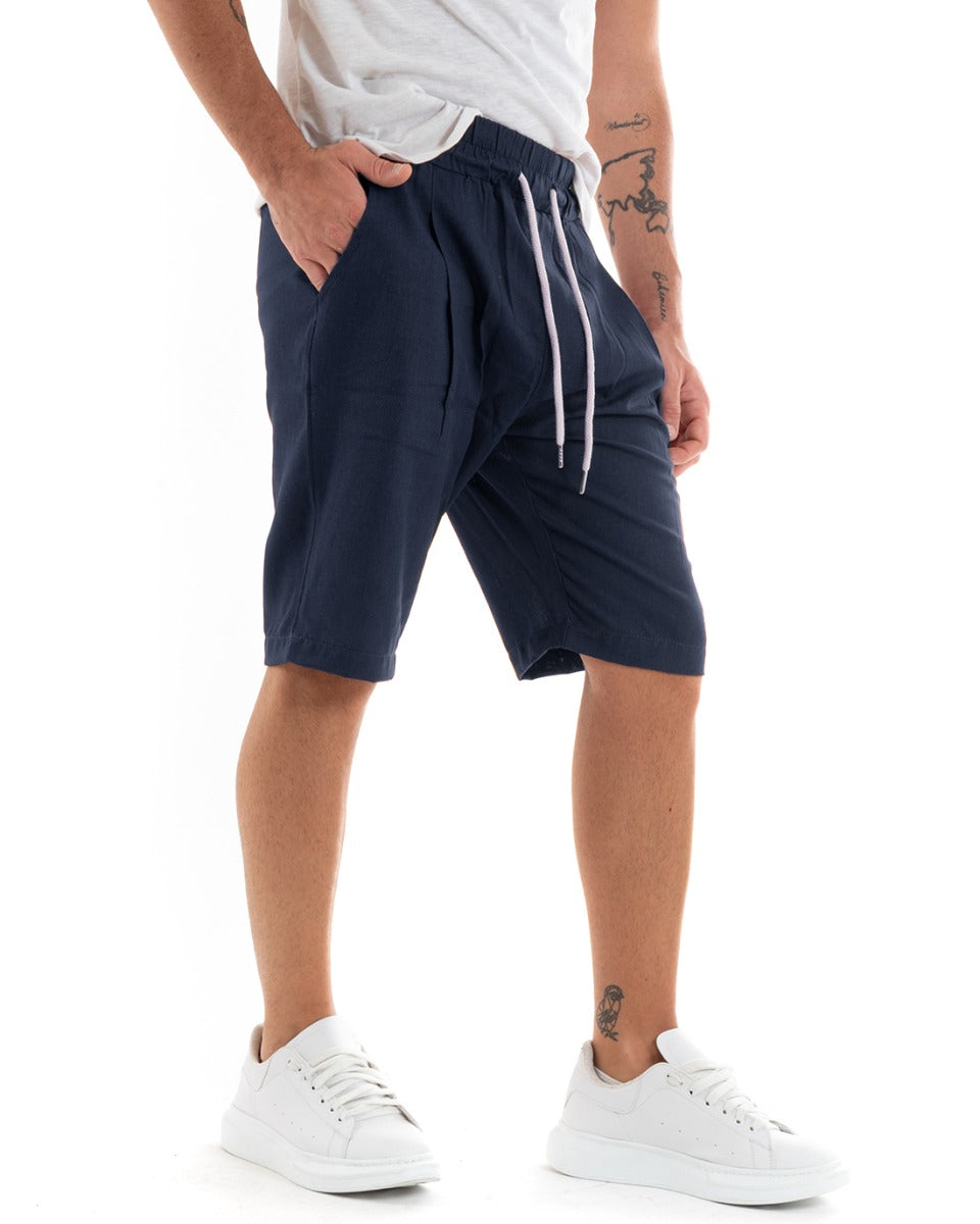 Bermuda Pantaloncini Uomo Corti Lino Pantalaccio Basic Tinta Unita Blu GIOSAL-PC1921A