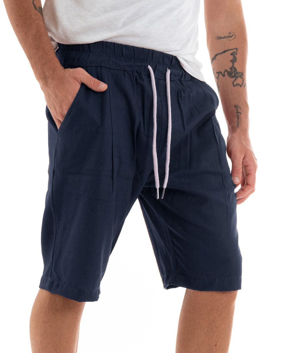 Bermuda Pantaloncini Uomo Corti Lino Pantalaccio Basic Tinta Unita Blu GIOSAL-PC1921A