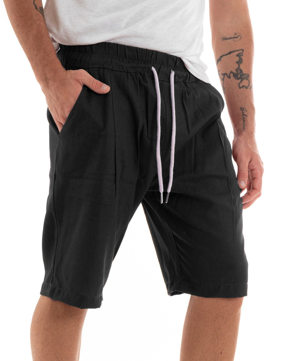 Bermuda Pantaloncini Uomo Corti Lino Pantalaccio Basic Tinta Unita Nero GIOSAL-PC1922A