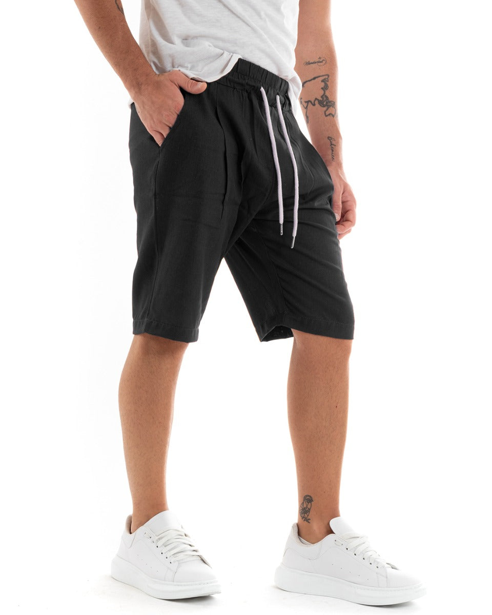 Bermuda Pantaloncini Uomo Corti Lino Pantalaccio Basic Tinta Unita Nero GIOSAL-PC1922A