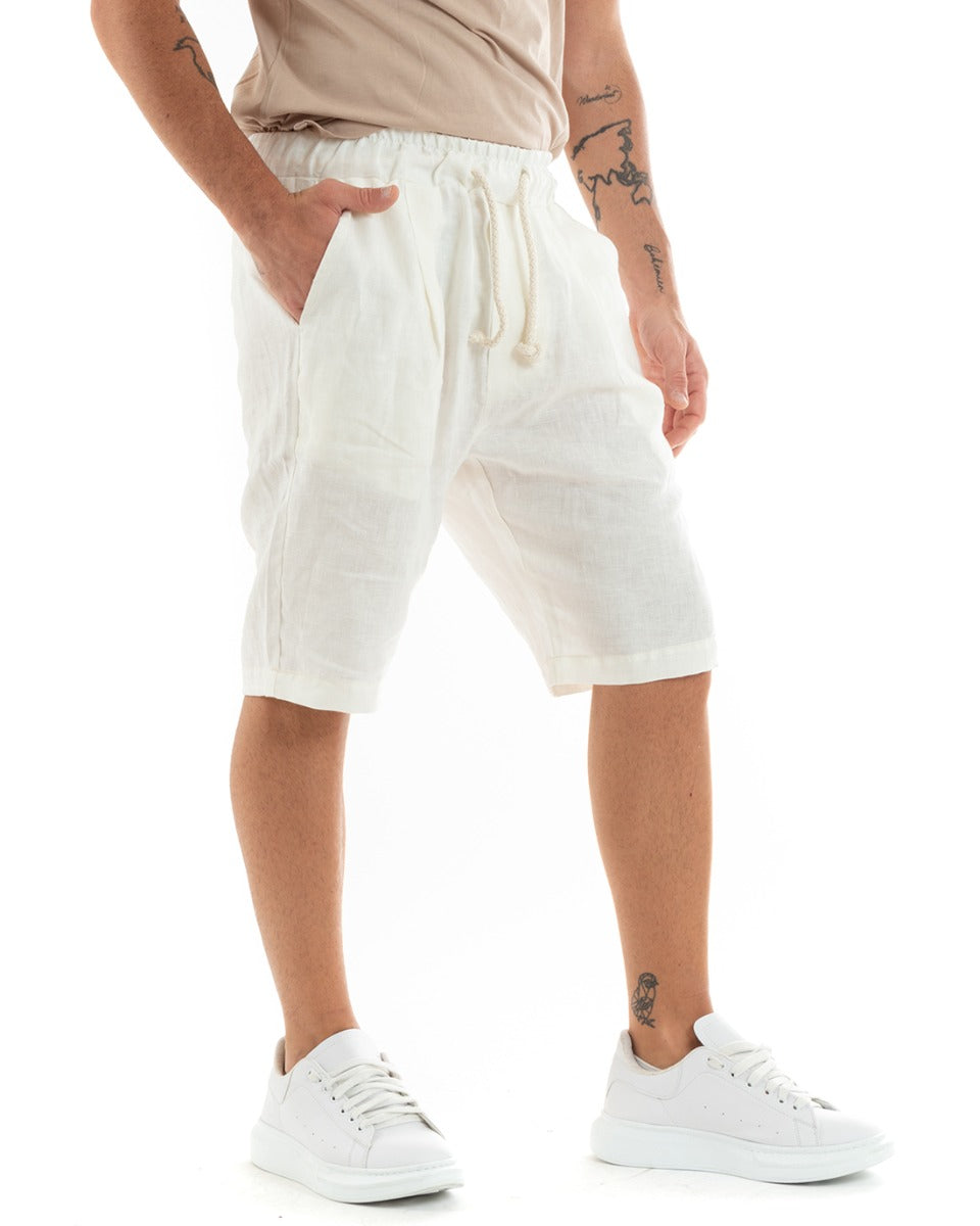 Bermuda Pantaloncini Uomo Corti Lino Pantalaccio Basic Tinta Unita Bianco GIOSAL-PC1926A