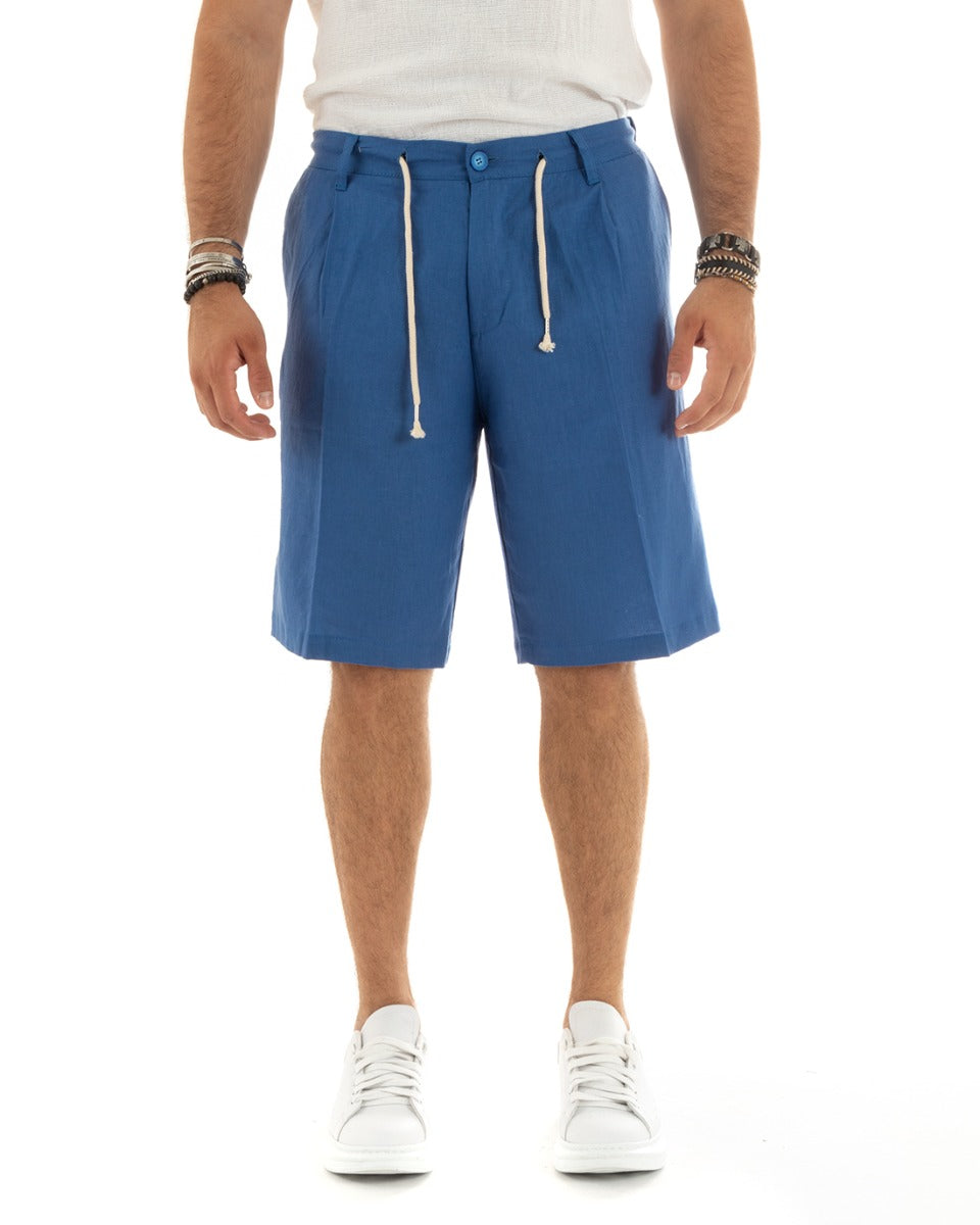 Bermuda Pantaloncini Uomo Corti Lino Sartoriale Con Laccetto Tinta Unita Blu Royal GIOSAL-PC1927A