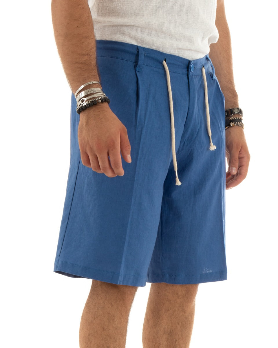 Bermuda Pantaloncini Uomo Corti Lino Sartoriale Con Laccetto Tinta Unita Blu Royal GIOSAL-PC1927A