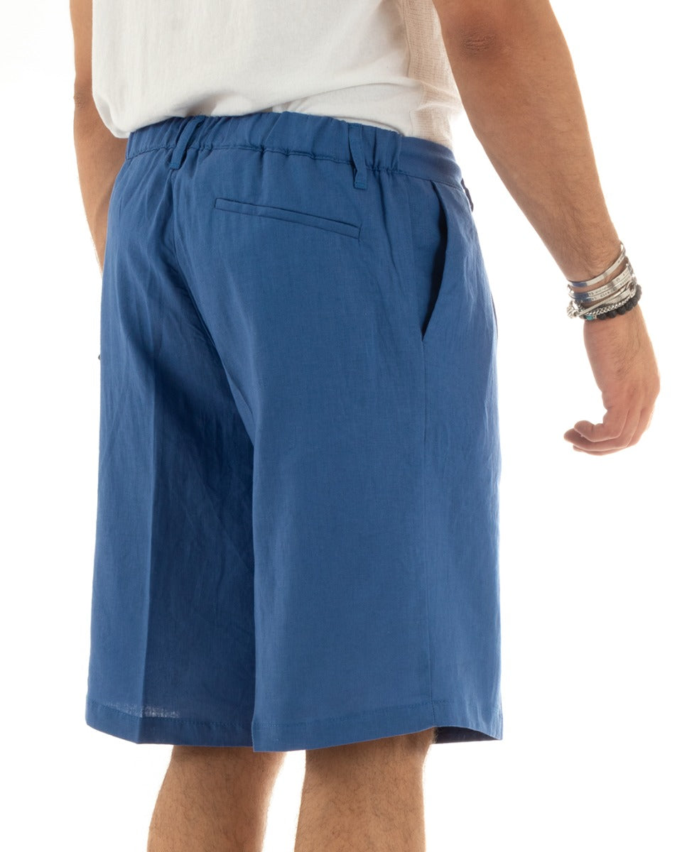 Bermuda Pantaloncino Uomo Corto Lino Tinta Unita Blu Royal Sartoriale Con Laccetto GIOSAL-PC1927A