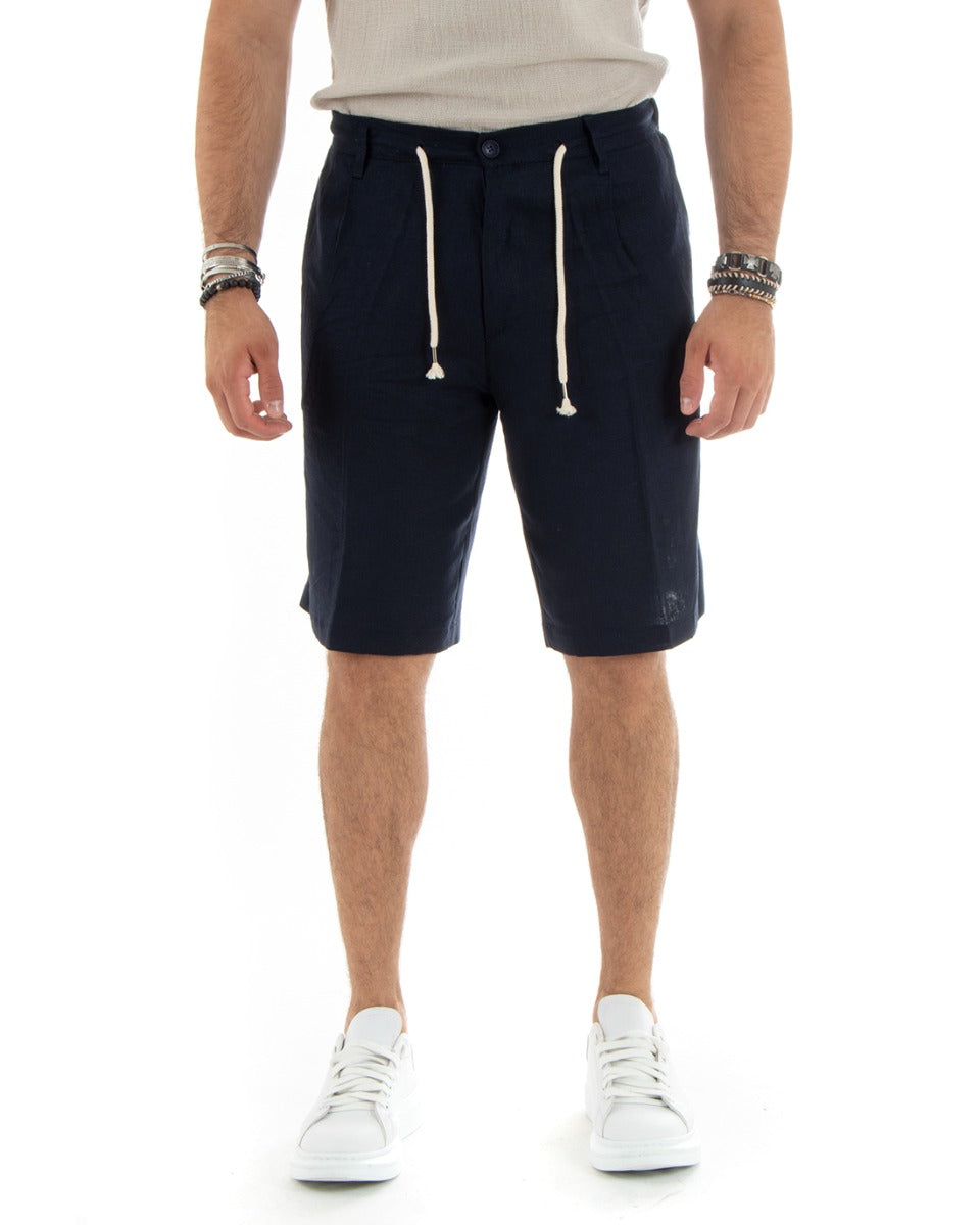 Bermuda Pantaloncini Uomo Corti Lino Sartoriale Con Laccetto Tinta Unita Blu GIOSAL-PC1928A