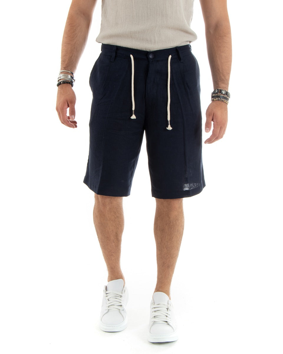 Bermuda Pantaloncini Uomo Corti Lino Sartoriale Con Laccetto Tinta Unita Blu GIOSAL-PC1928A