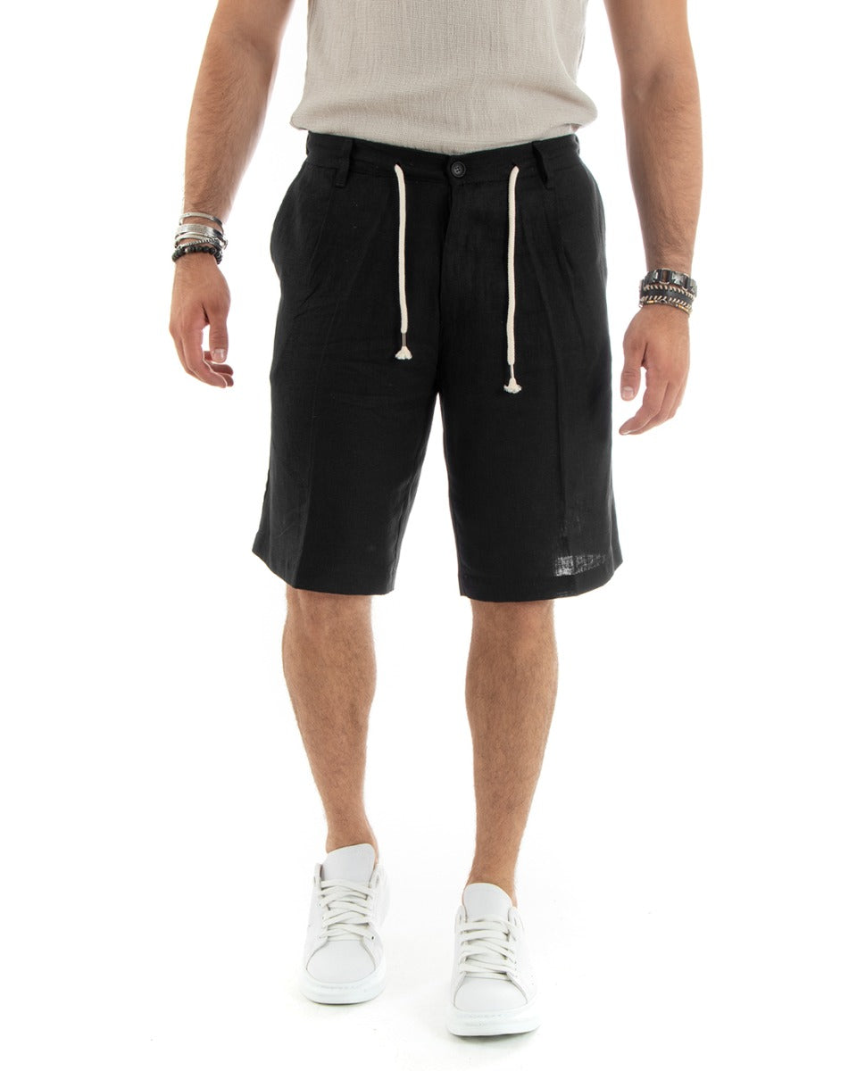 Bermuda Pantaloncini Uomo Corti Lino Sartoriale Con Laccetto Tinta Unita Nero GIOSAL-PC1929A