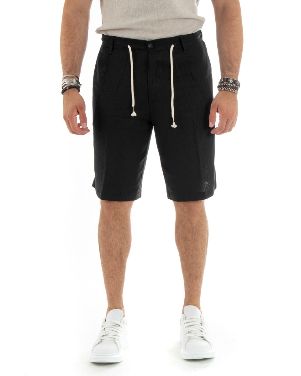 Bermuda Pantaloncini Uomo Corti Lino Sartoriale Con Laccetto Tinta Unita Nero GIOSAL-PC1929A