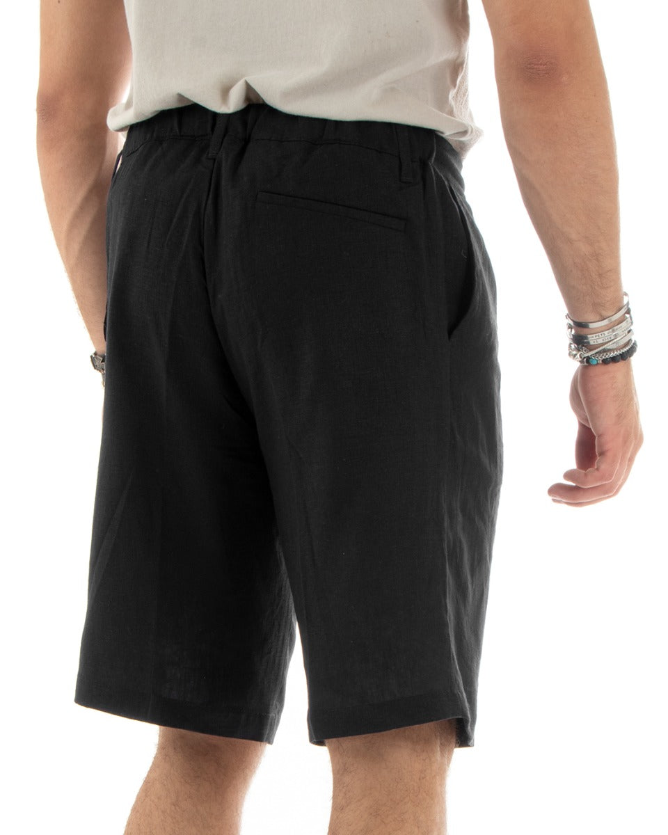 Bermuda Pantaloncino Uomo Corto Lino Tinta Unita Nero Sartoriale Con Laccetto GIOSAL-PC1929A
