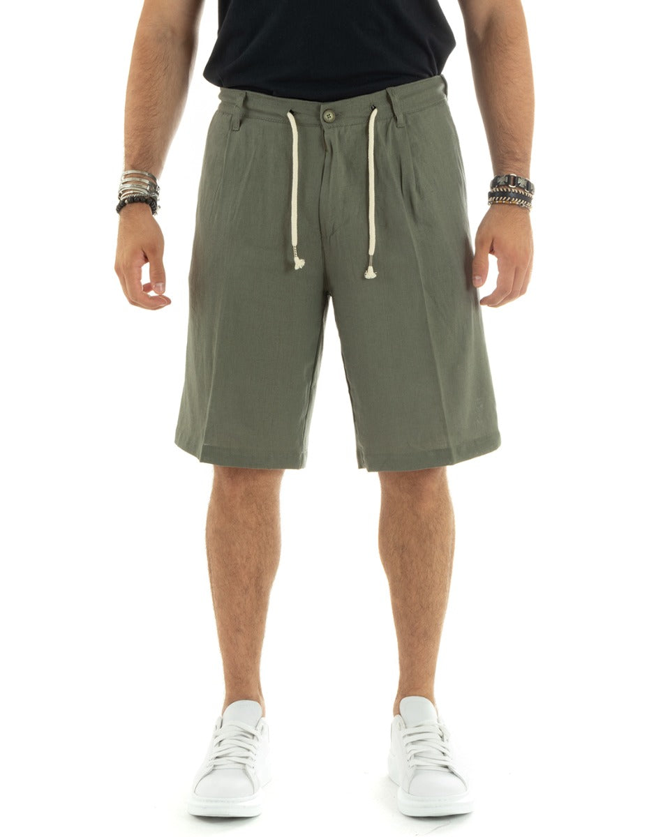 Bermuda Pantaloncini Uomo Corti Lino Sartoriale Con Laccetto Tinta Unita Verde GIOSAL-PC1931A