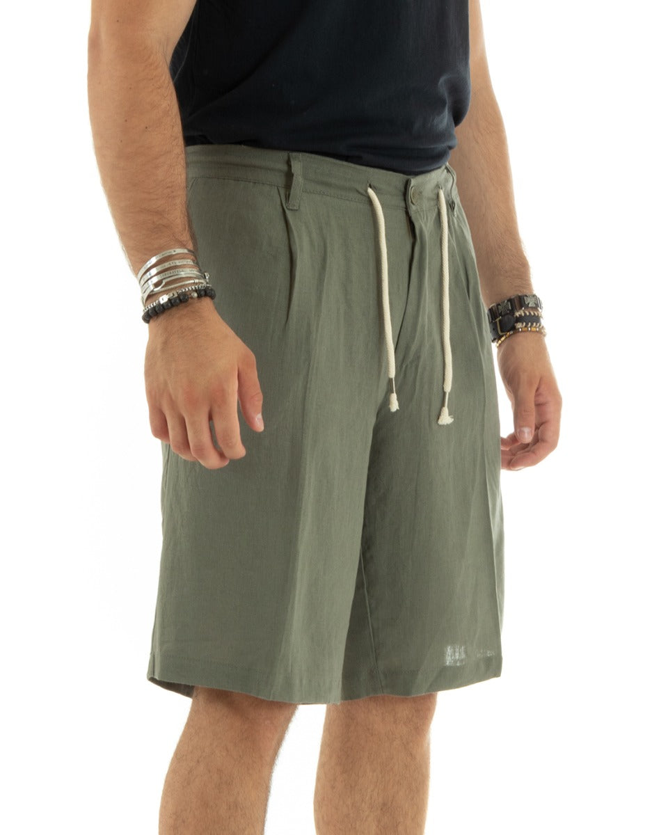 Bermuda Pantaloncini Uomo Corti Lino Sartoriale Con Laccetto Tinta Unita Verde GIOSAL-PC1931A