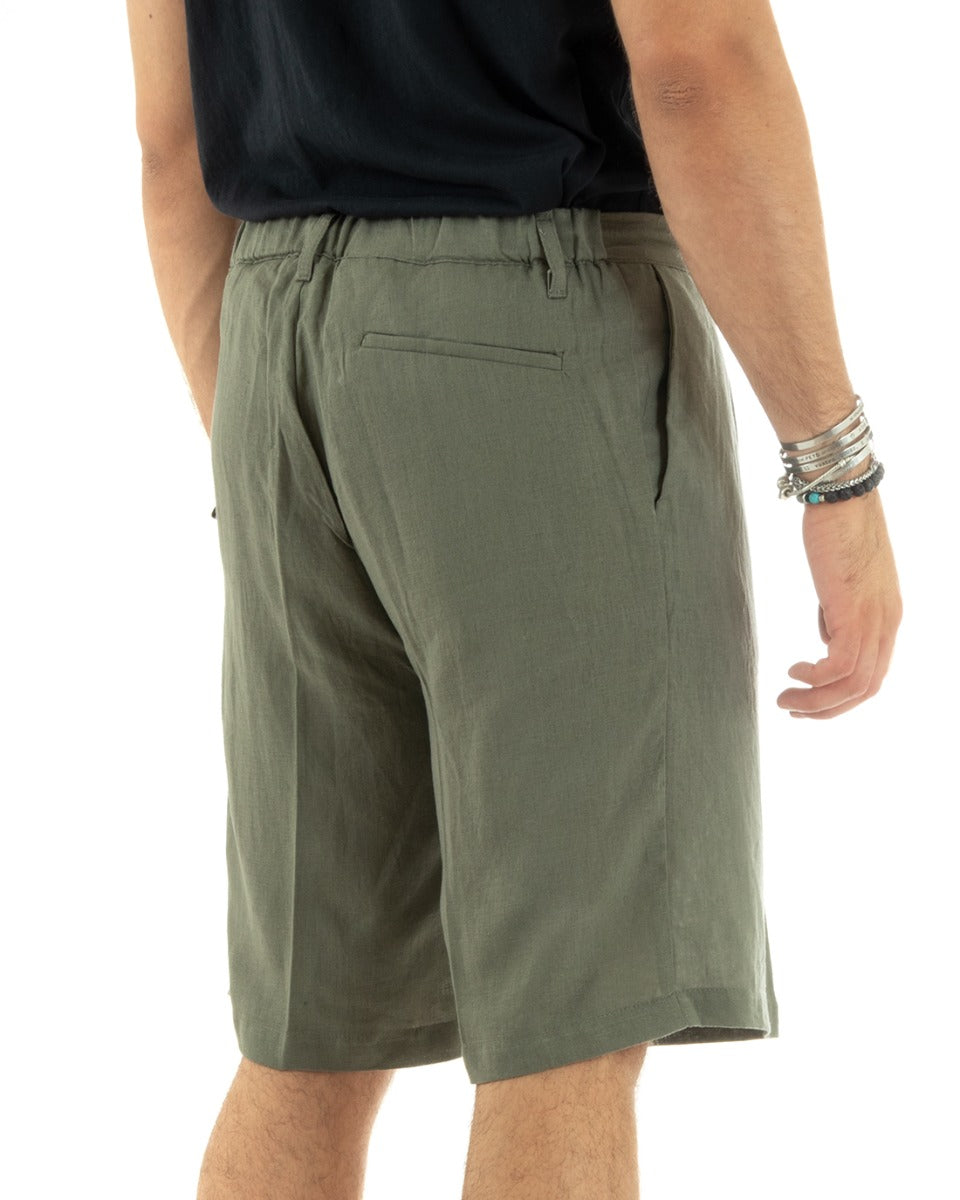 Bermuda Pantaloncini Uomo Corti Lino Sartoriale Con Laccetto Tinta Unita Verde GIOSAL-PC1931A