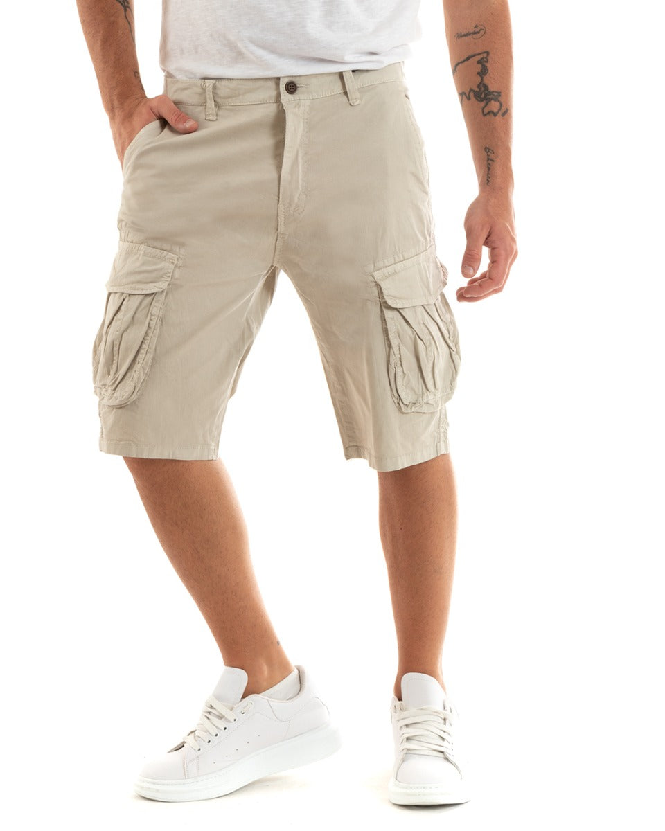Bermuda Pantaloncini Uomo Corti Shorts Cargo Tasca America Beige GIOSAL-PC1933A