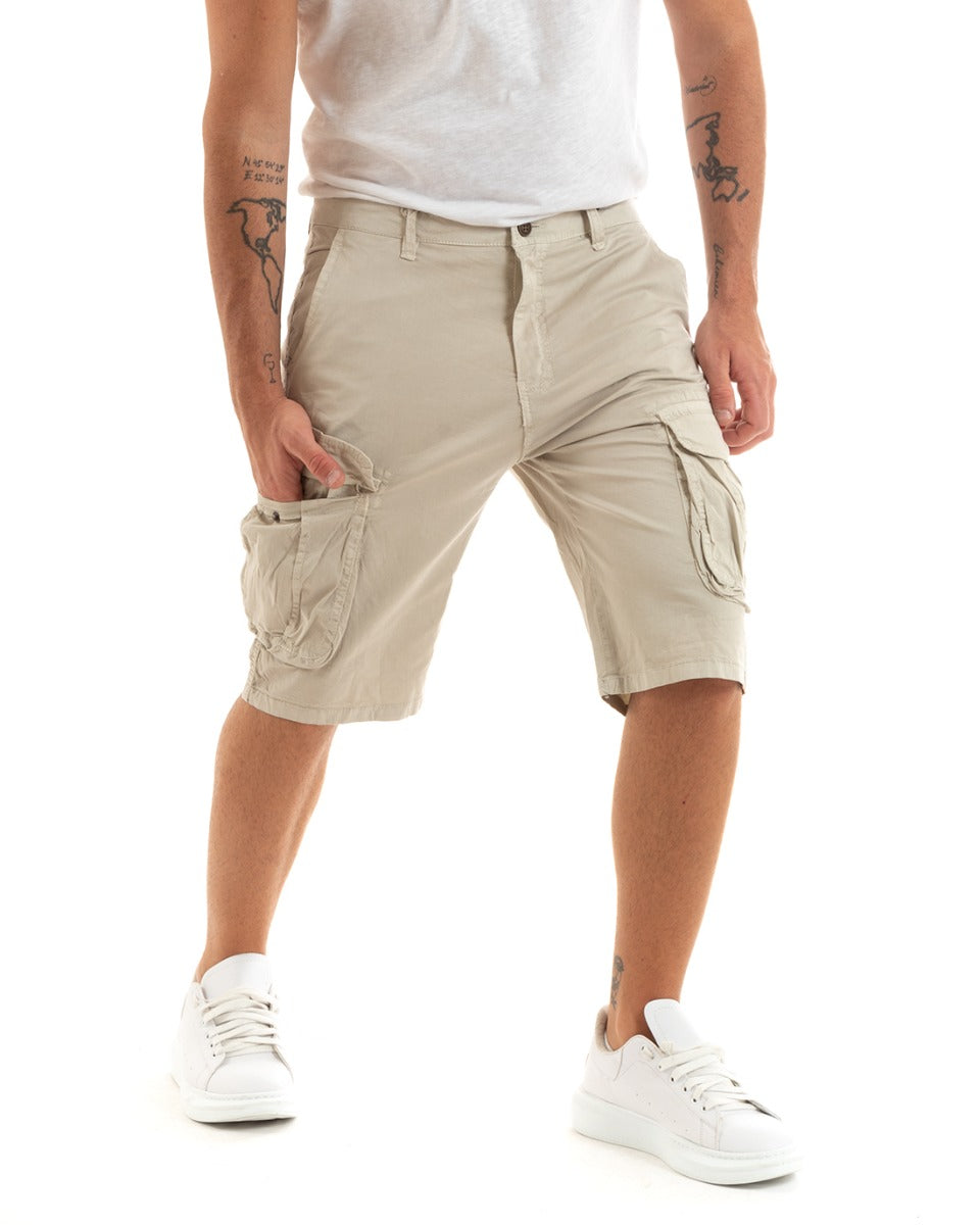 Bermuda Pantaloncini Uomo Corti Shorts Cargo Tasca America Beige GIOSAL-PC1933A