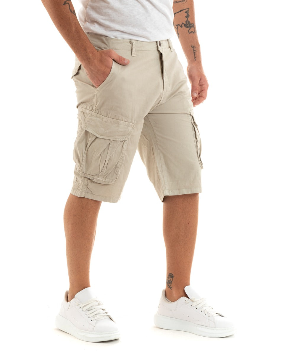 Bermuda Pantaloncini Uomo Corti Shorts Cargo Tasca America Beige GIOSAL-PC1933A