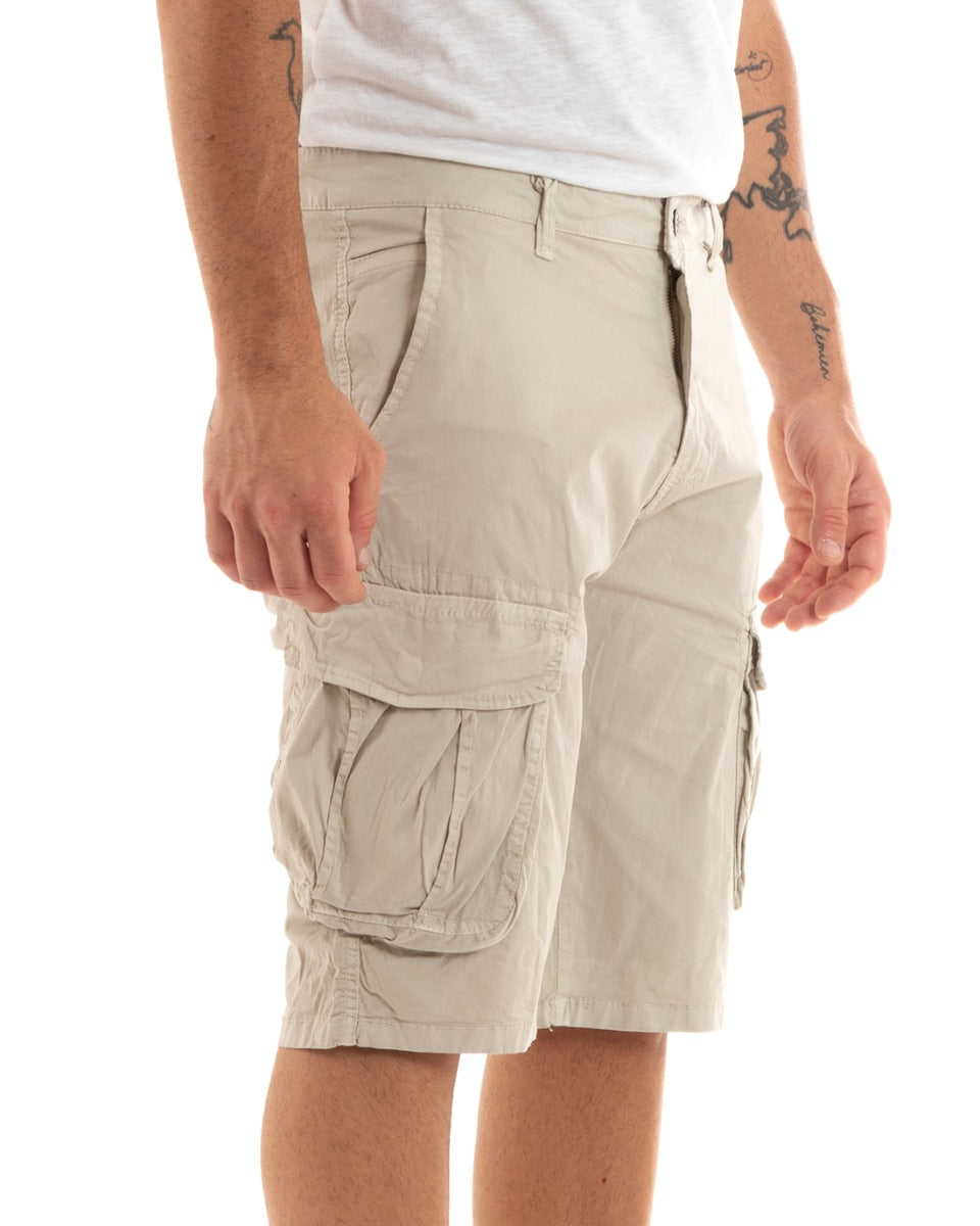 Bermuda Pantaloncini Uomo Corti Shorts Cargo Tasca America Beige GIOSAL-PC1933A