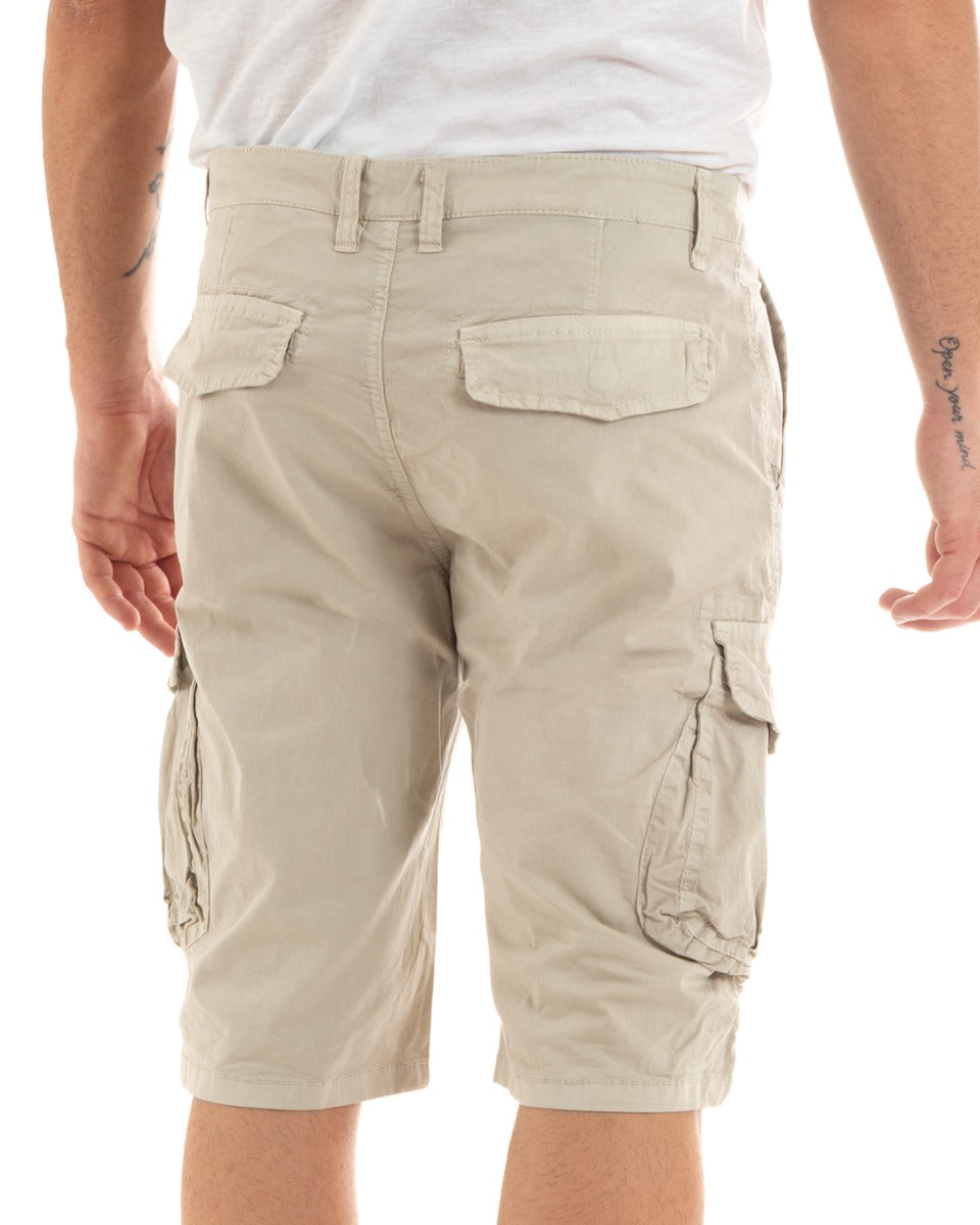 Bermuda Pantaloncino Uomo Corto Shorts Cargo Beige Tasca America GIOSAL-PC1933A