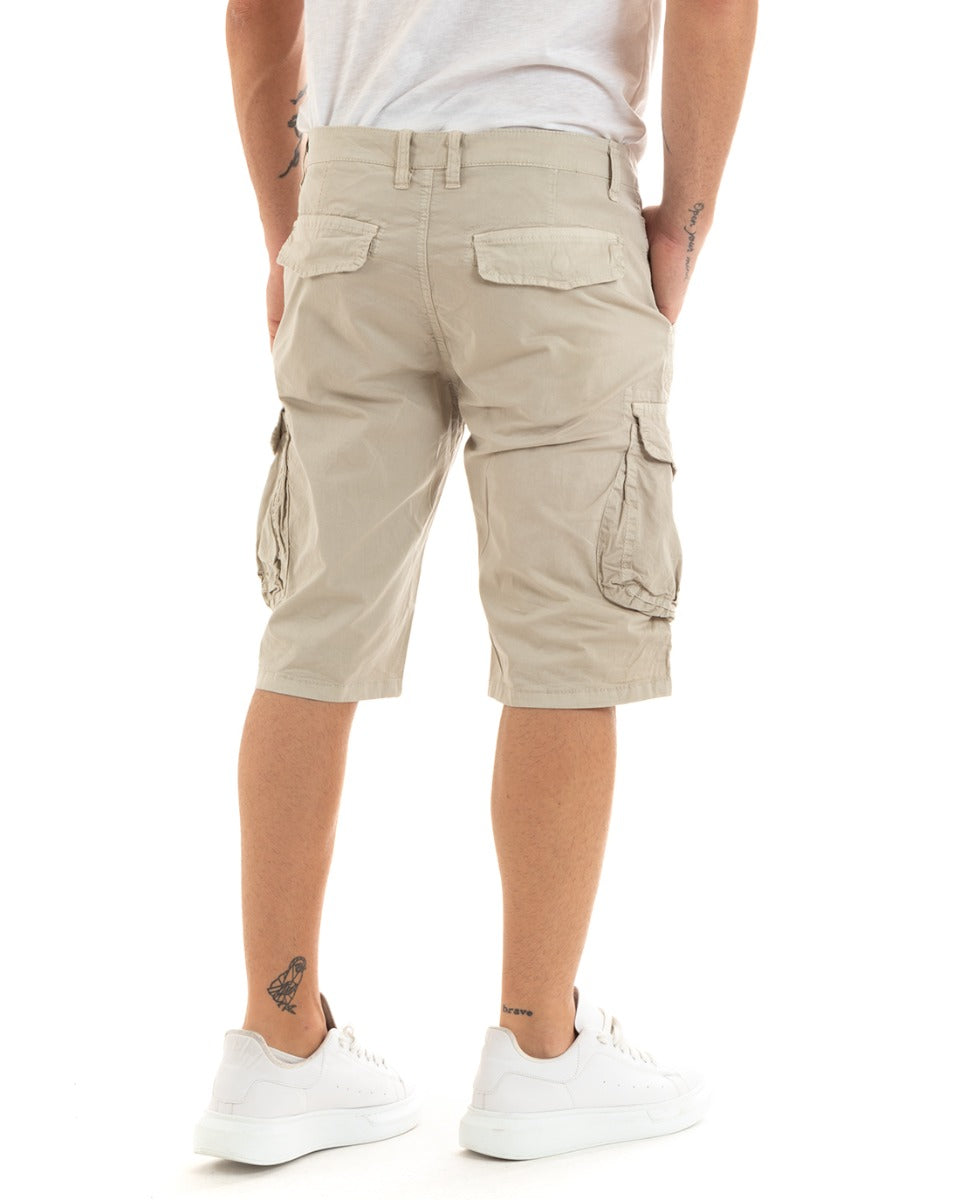 Bermuda Pantaloncino Uomo Corto Shorts Cargo Beige Tasca America GIOSAL-PC1933A