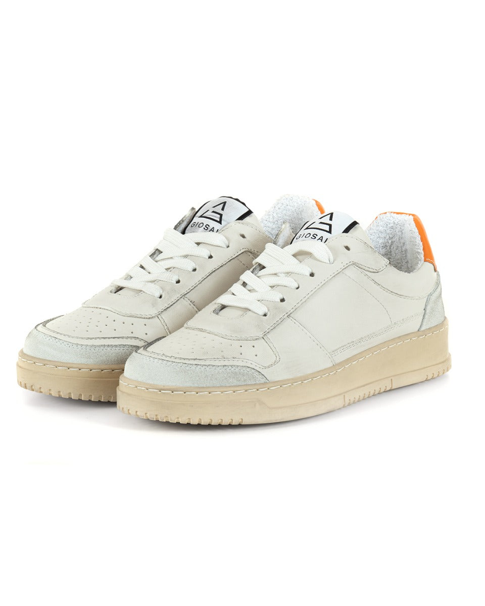 Scarpe Uomo Sneakers Ecopelle Camoscio Basic Bianco Arancione Casual S