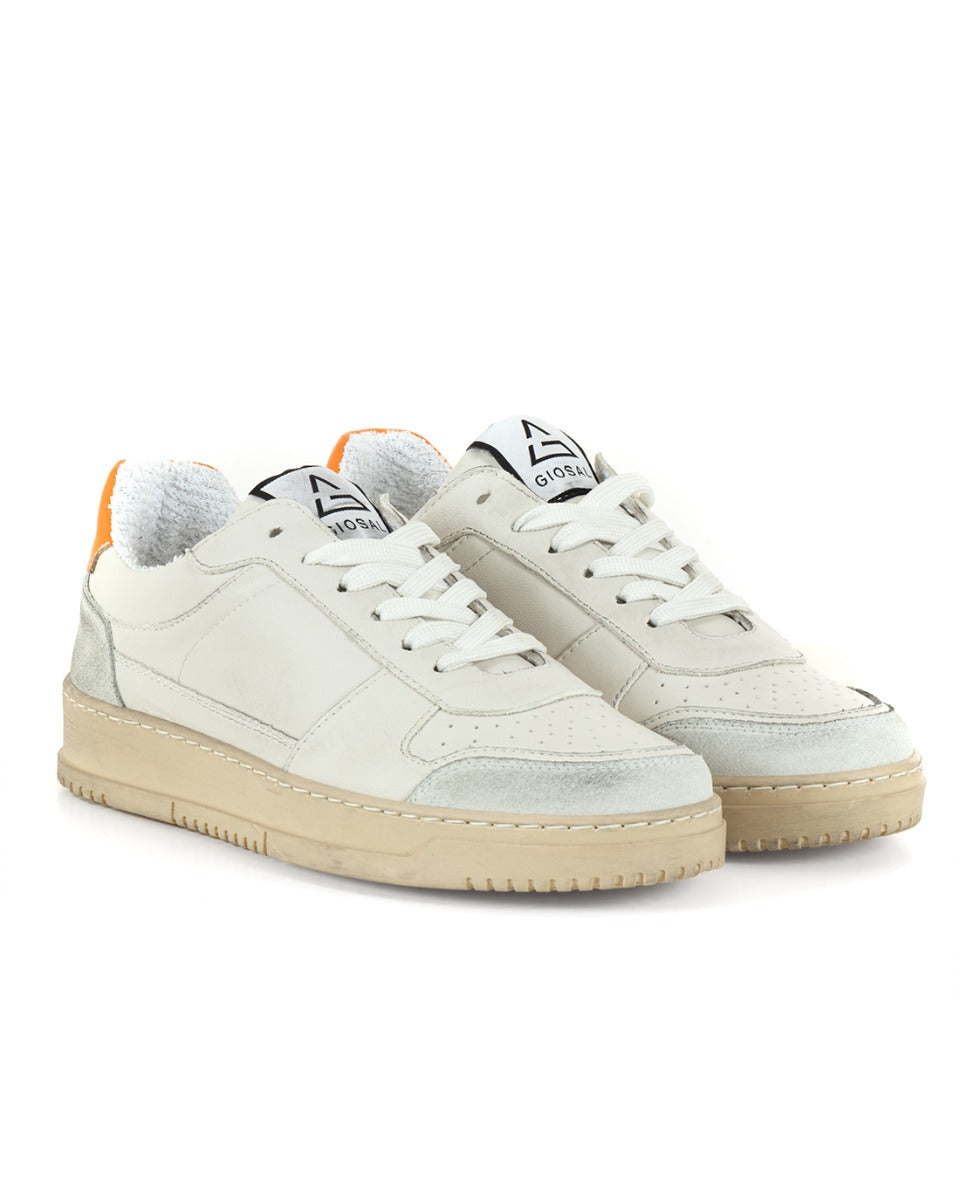 Scarpe Uomo Sneakers Ecopelle Camoscio Basic Bianco Arancione Casual S