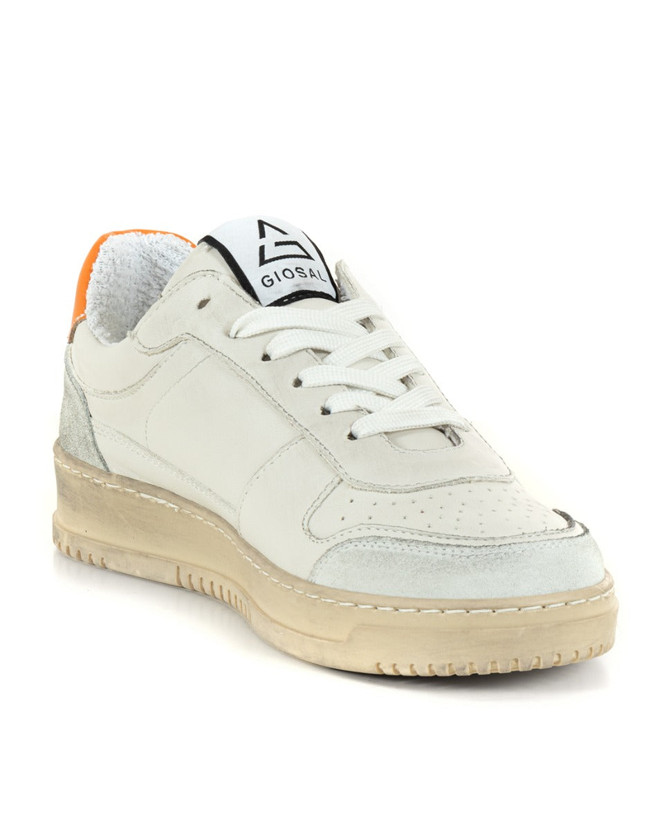 Scarpe Uomo Sneakers Ecopelle Camoscio Basic Bianco Arancione Casual Sportive GIOSAL-S1213A