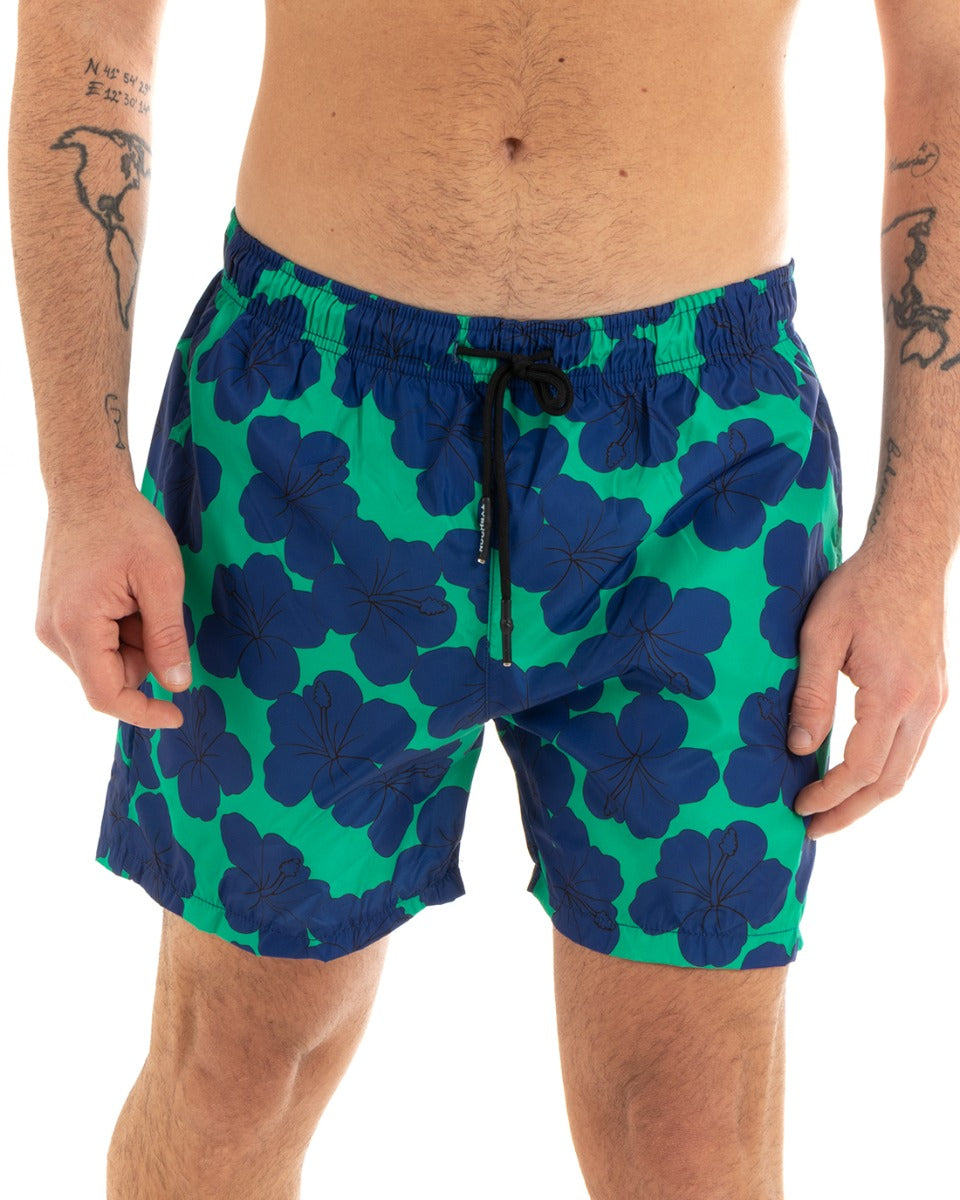 Costume Da Bagno Uomo Boxer Verde Fantasia Fiori Blu Elastico GIOSAL-SU1141A