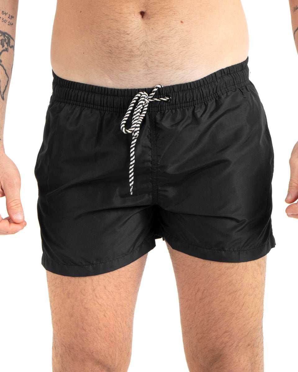 Costume Da Bagno Uomo Boxer Nero Tinta Unita Elastico Coulisse Tasche GIOSAL-SU1150A