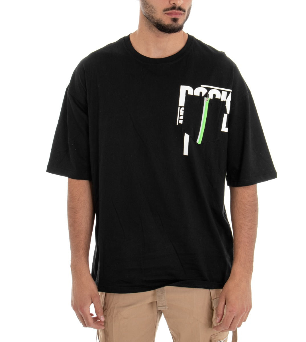 T-shirt Uomo Maglia Manica Corta Modello Over Size Stampa Taschino Anteriore Tinta Unita Nero GIOSAL