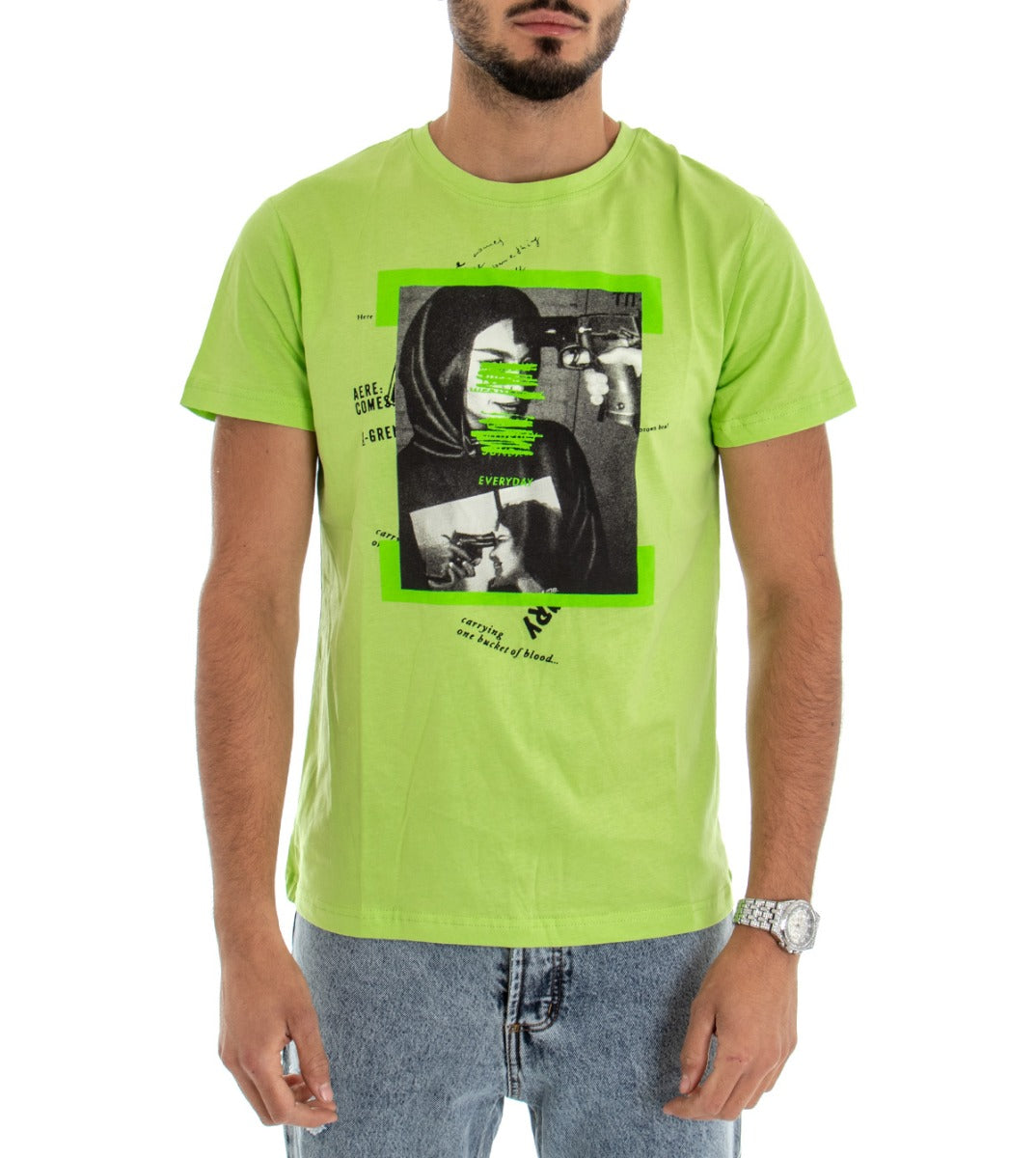 T-shirt Uomo Maglia Manica Corta Slim Stampa Fondo Verde GIOSAL