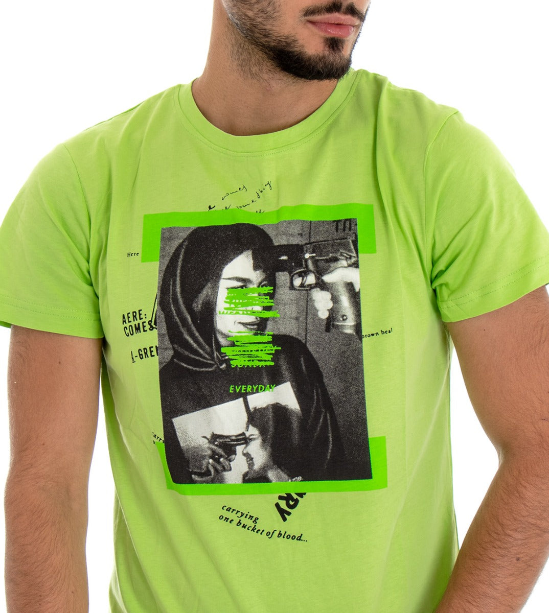 T-shirt Uomo Maglia Manica Corta Slim Stampa Fondo Verde GIOSAL