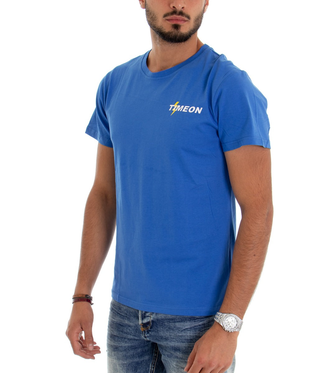 T-shirt Uomo Cotone Maglia Manica Corta Stampa Tinta Unita Blu Royal S