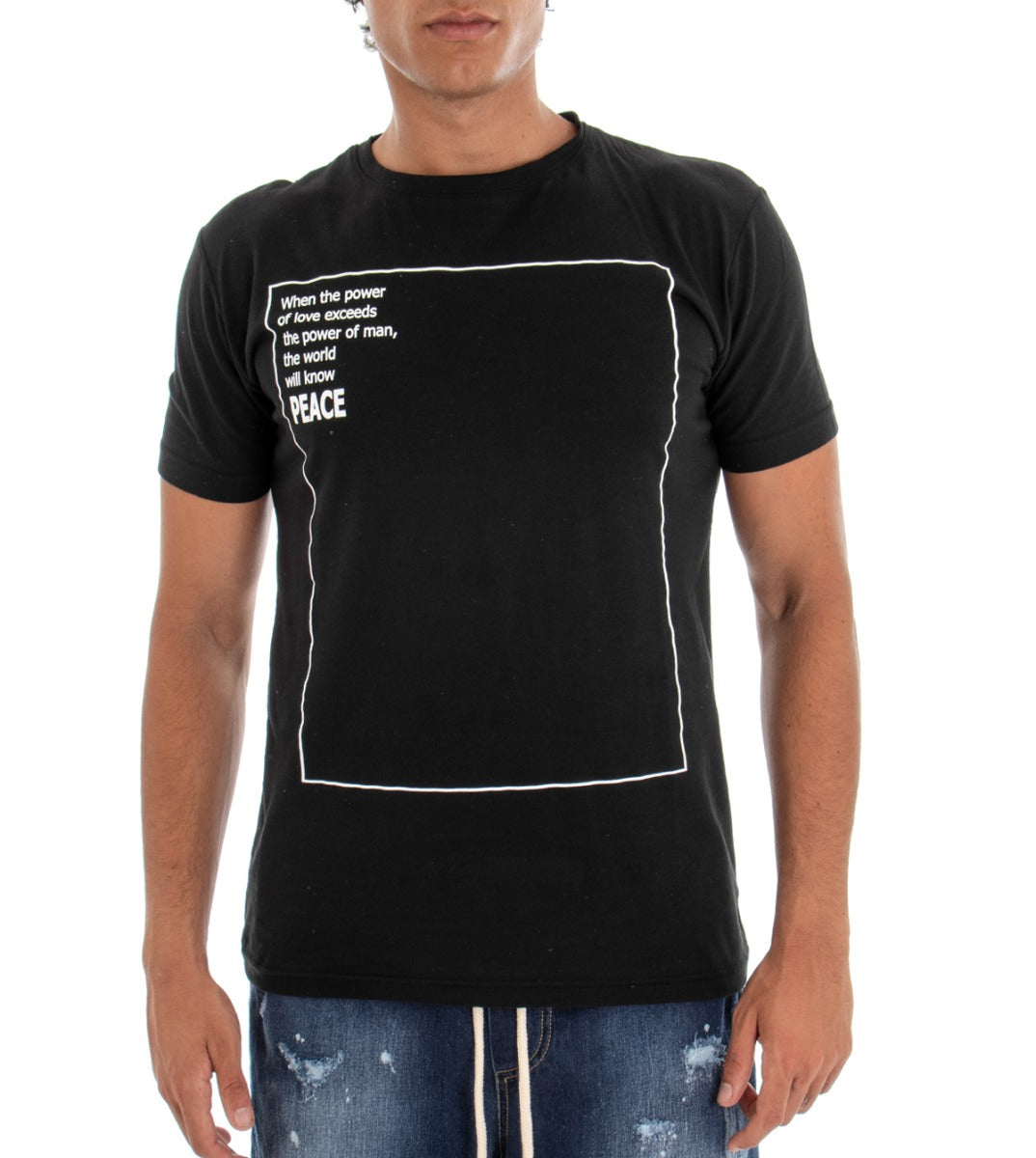 T-shirt Uomo Maglia Manica Corta Tinta Unita Nero Stampa Girocollo GIOSAL 