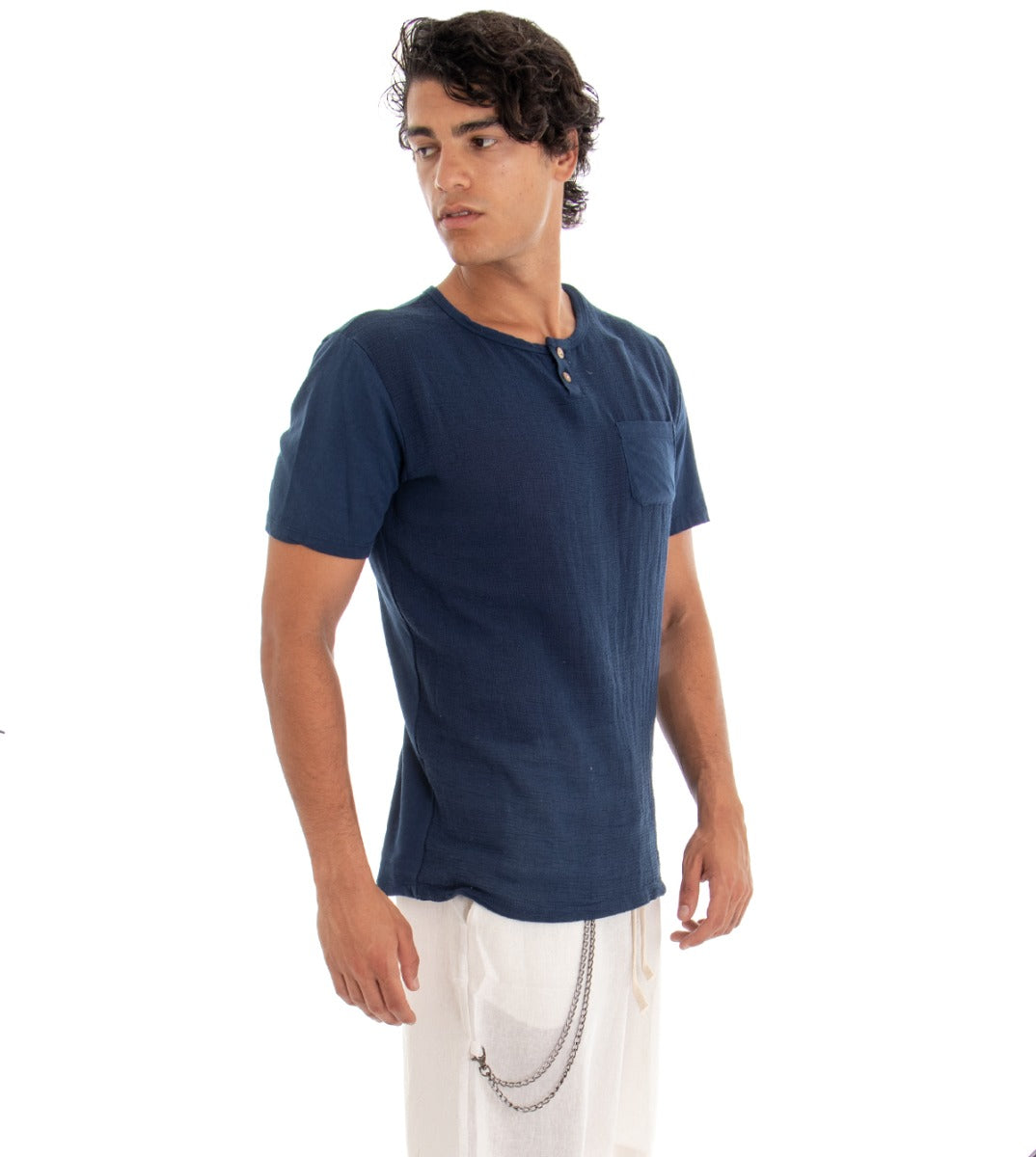 T-shirt Uomo Maglia Manica Corta Tinta Unita Blu Taschino GIOSAL