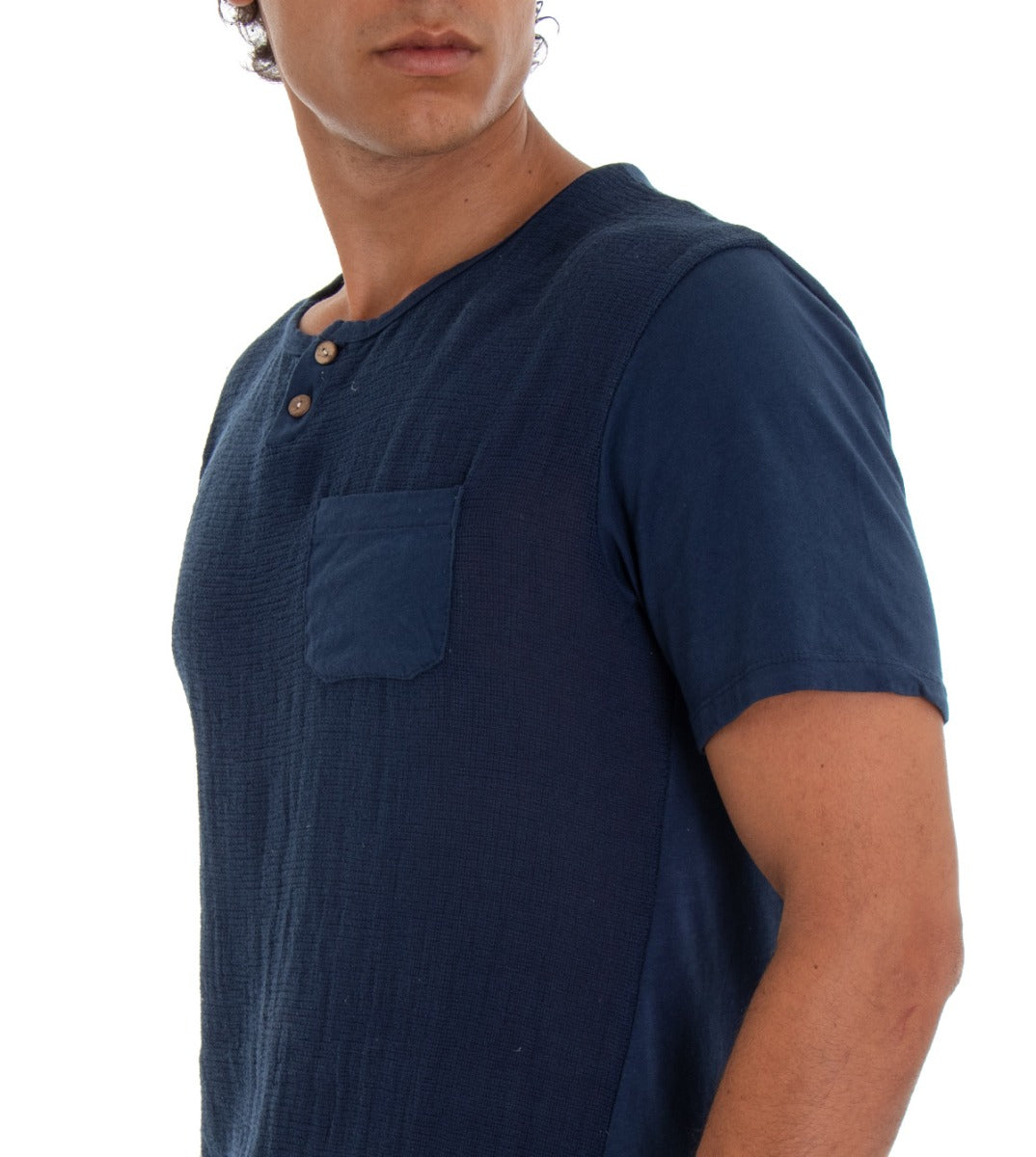 T-shirt Uomo Maglia Manica Corta Tinta Unita Blu Taschino GIOSAL