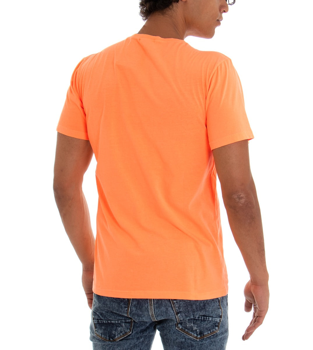 T-shirt Uomo Maglia Maniche Corte Cotone Tinta Unita Arancio Fluo Girocollo GIOSAL