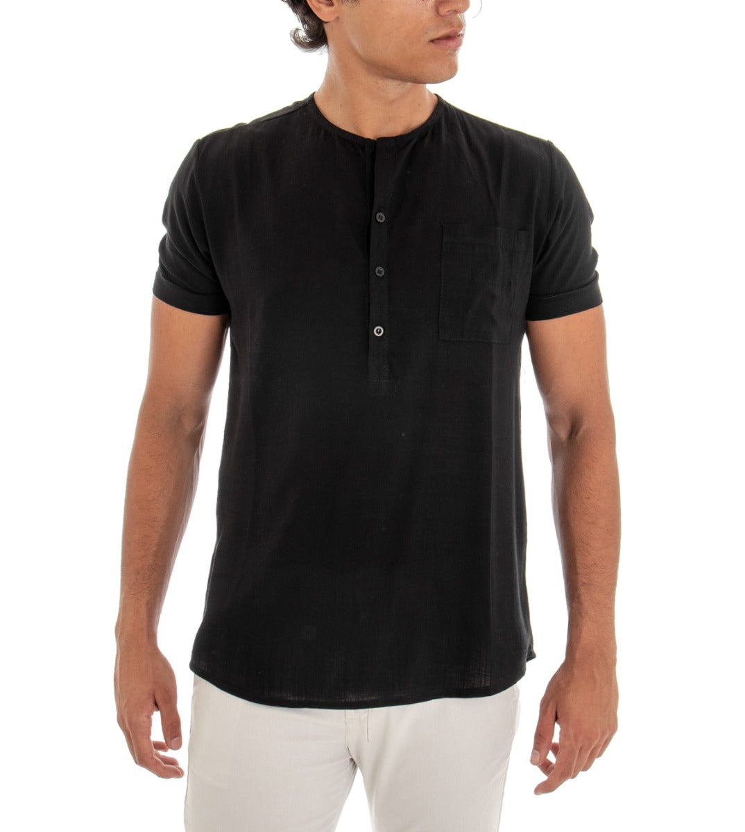 T-shirt Uomo Maglia Maniche Corte Viscosa Tinta Unita Nero Mezzo Bottone GIOSAL
