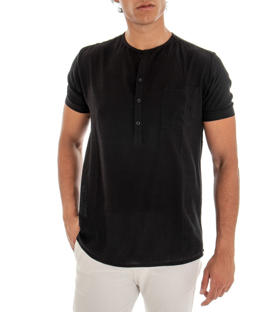 T-shirt Uomo Maglia Maniche Corte Viscosa Tinta Unita Nero Mezzo Bottone GIOSAL