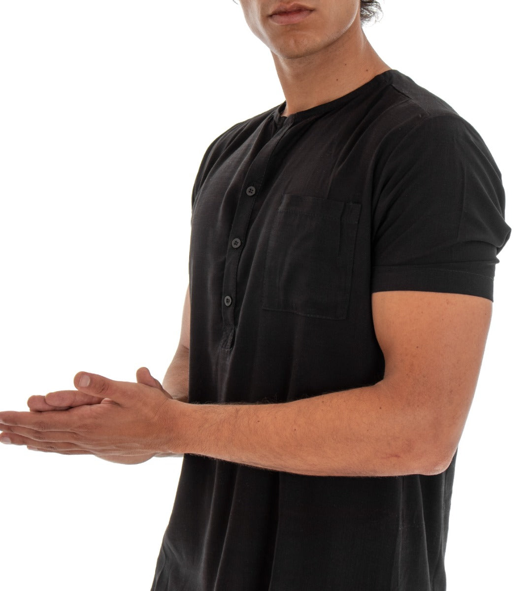 T-shirt Uomo Maglia Maniche Corte Viscosa Tinta Unita Nero Mezzo Bottone GIOSAL