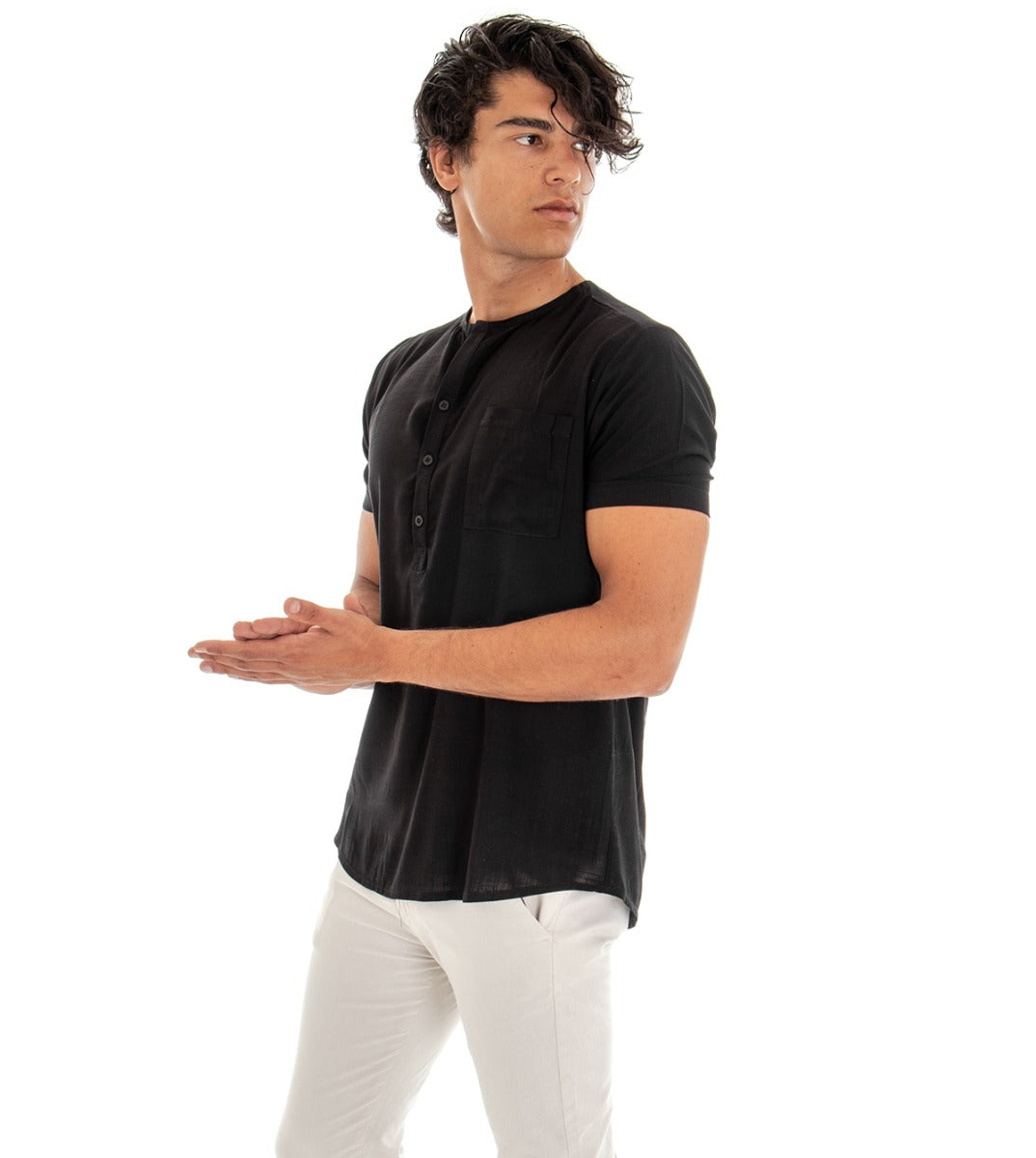 T-shirt Uomo Maglia Maniche Corte Viscosa Tinta Unita Nero Mezzo Bottone GIOSAL