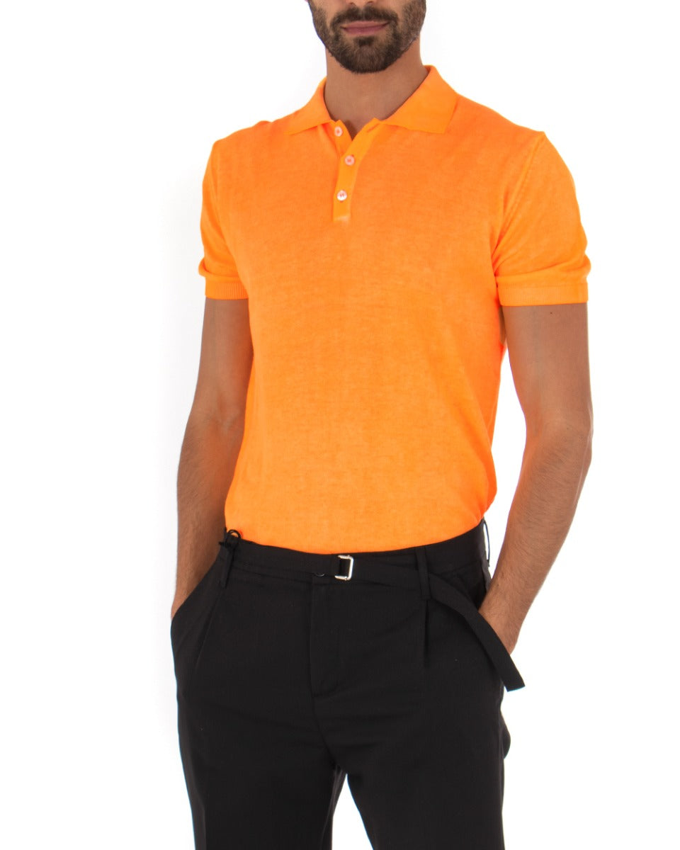 Maglia Uomo Maniche Corte Maglioncino Colletto Polo Tinta Unita Arancio Fluo GIOSAL