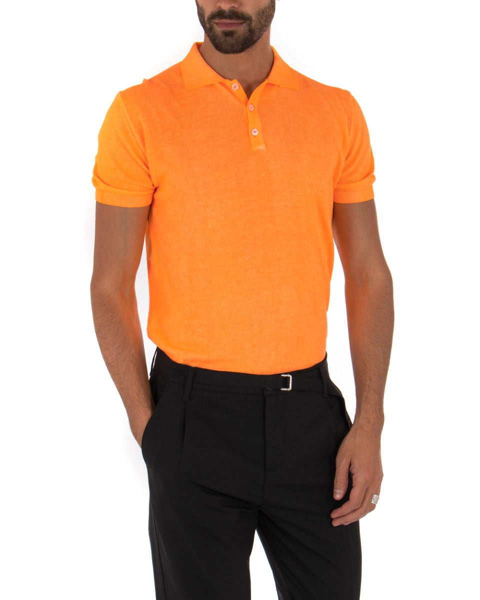 Maglia Uomo Maniche Corte Maglioncino Colletto Polo Tinta Unita Arancio Fluo GIOSAL