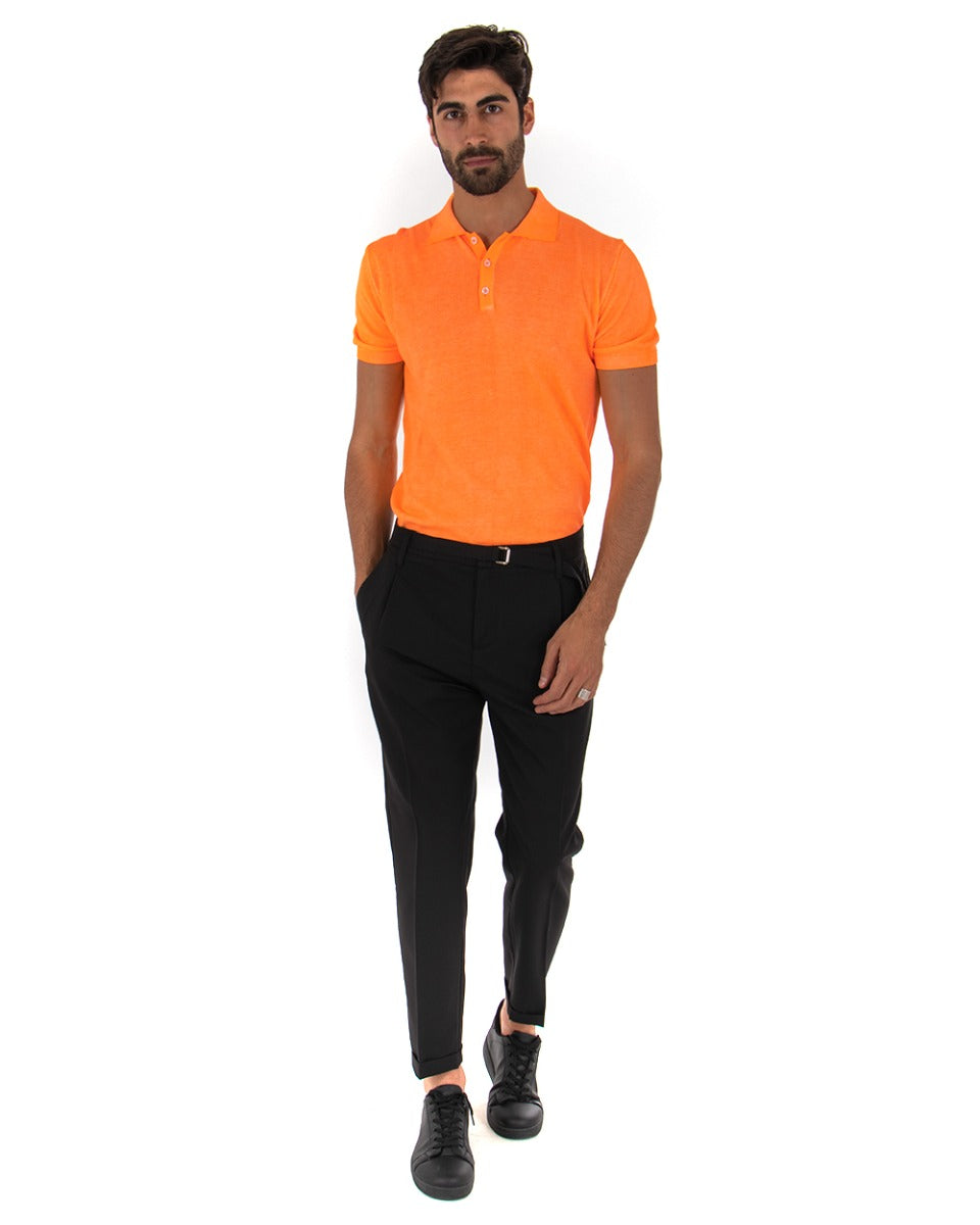 Maglia Uomo Maniche Corte Maglioncino Colletto Polo Tinta Unita Arancio Fluo GIOSAL