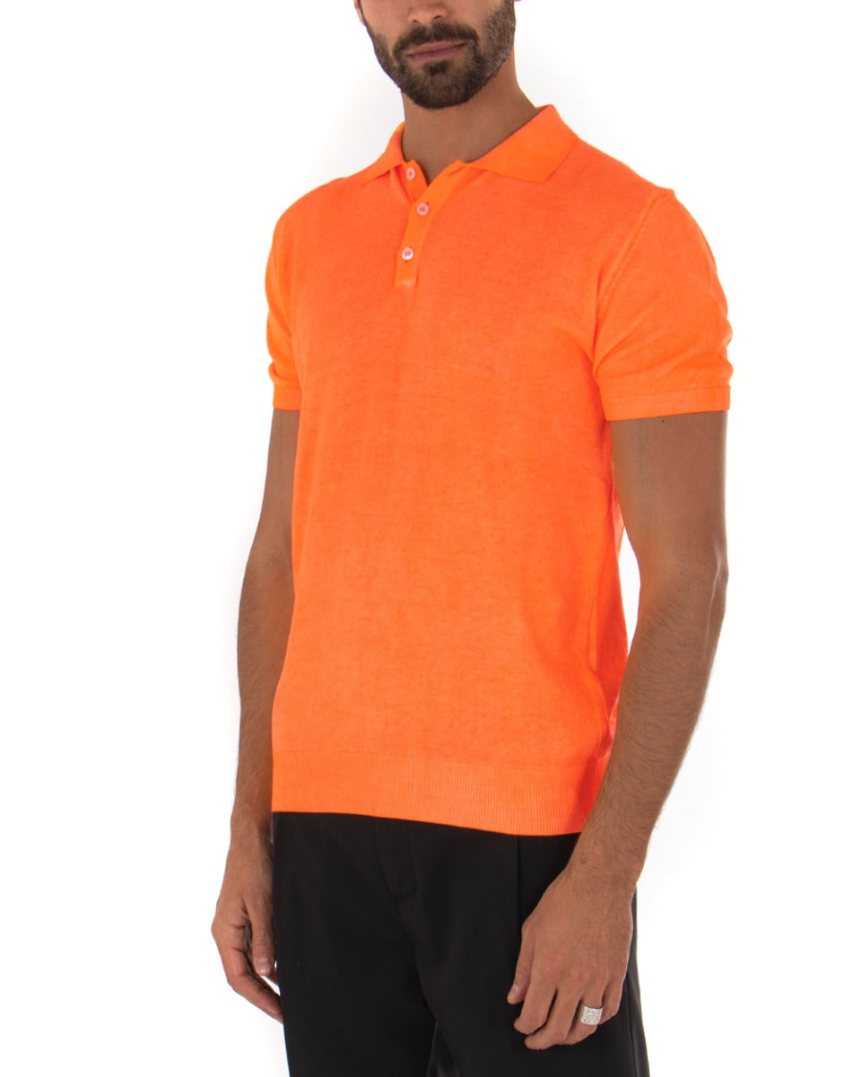 Maglia Uomo Maniche Corte Maglioncino Colletto Polo Tinta Unita Arancio Fluo GIOSAL